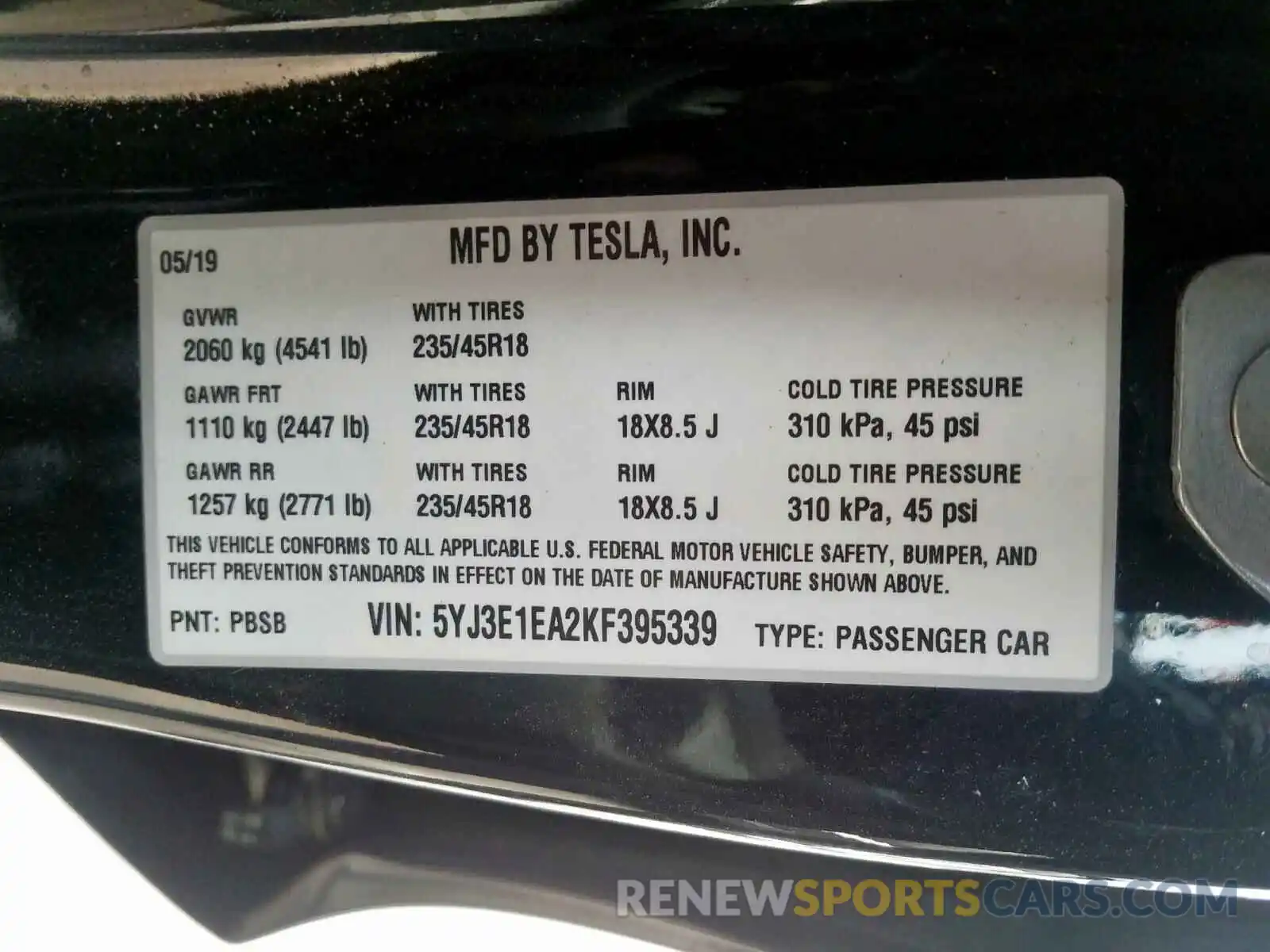 10 Photograph of a damaged car 5YJ3E1EA2KF395339 TESLA MODEL 3 2019