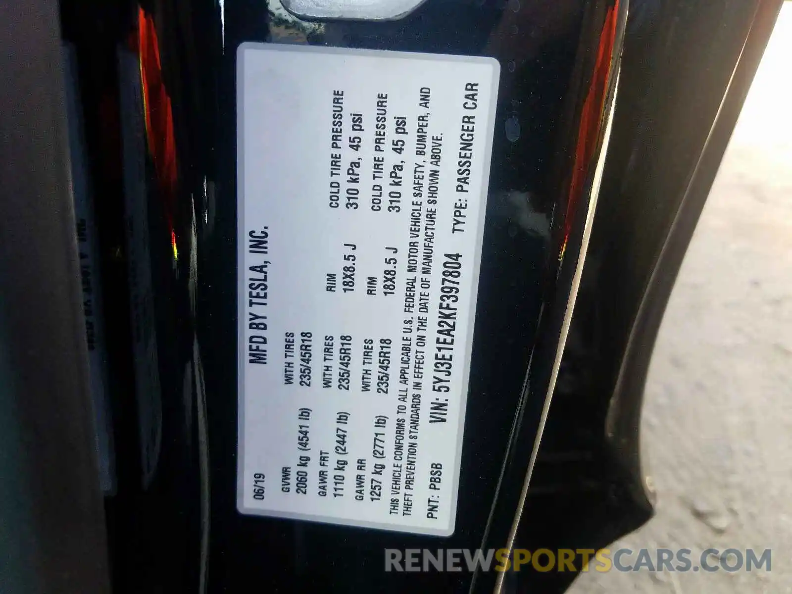 10 Photograph of a damaged car 5YJ3E1EA2KF397804 TESLA MODEL 3 2019