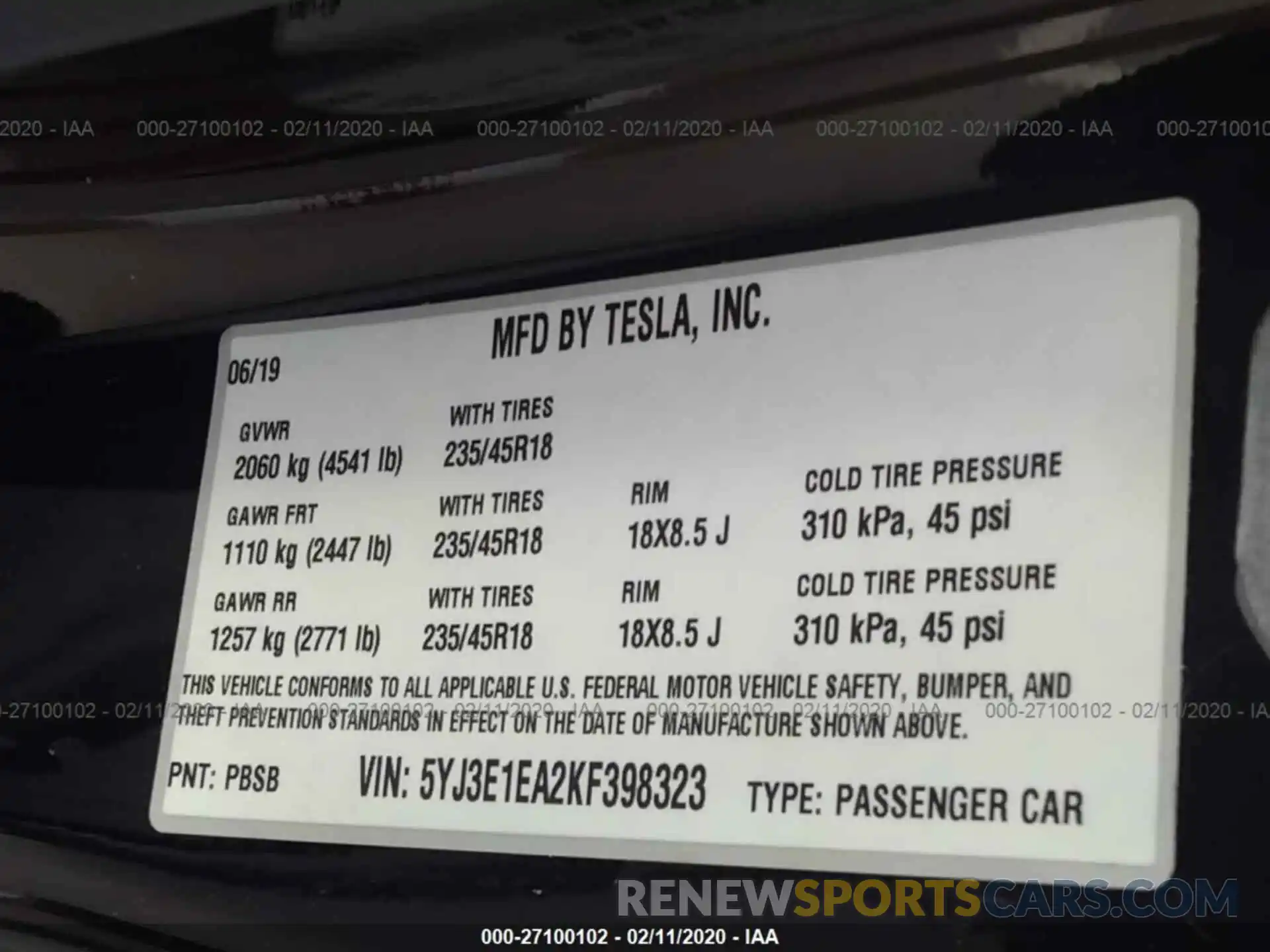 9 Фотография поврежденного автомобиля 5YJ3E1EA2KF398323 TESLA MODEL 3 2019