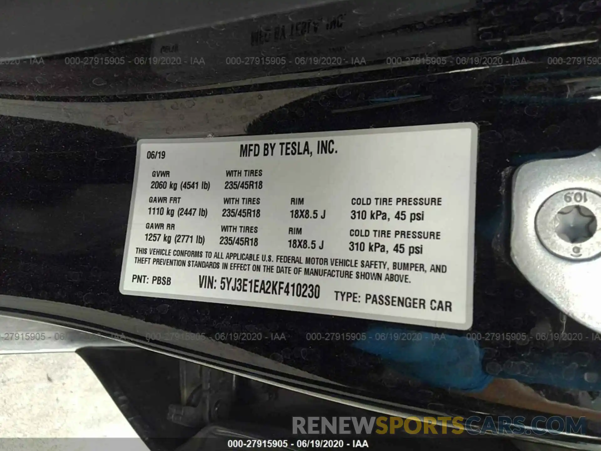 9 Photograph of a damaged car 5YJ3E1EA2KF410230 TESLA MODEL 3 2019