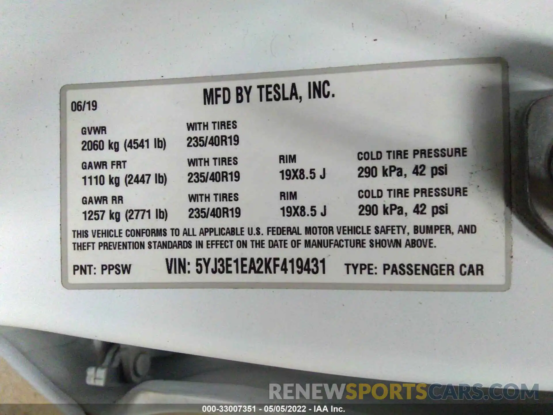 9 Фотография поврежденного автомобиля 5YJ3E1EA2KF419431 TESLA MODEL 3 2019