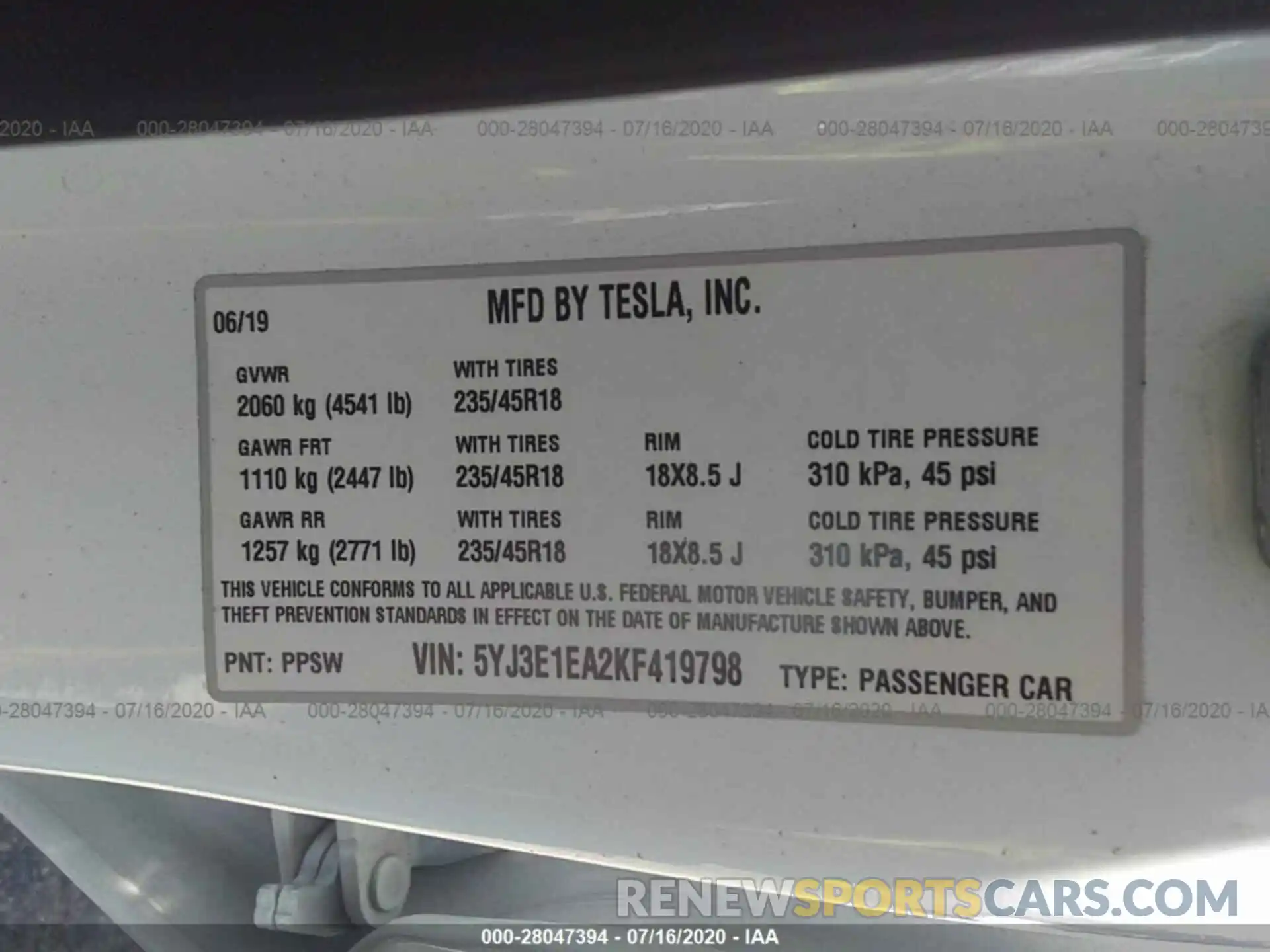 9 Photograph of a damaged car 5YJ3E1EA2KF419798 TESLA MODEL 3 2019