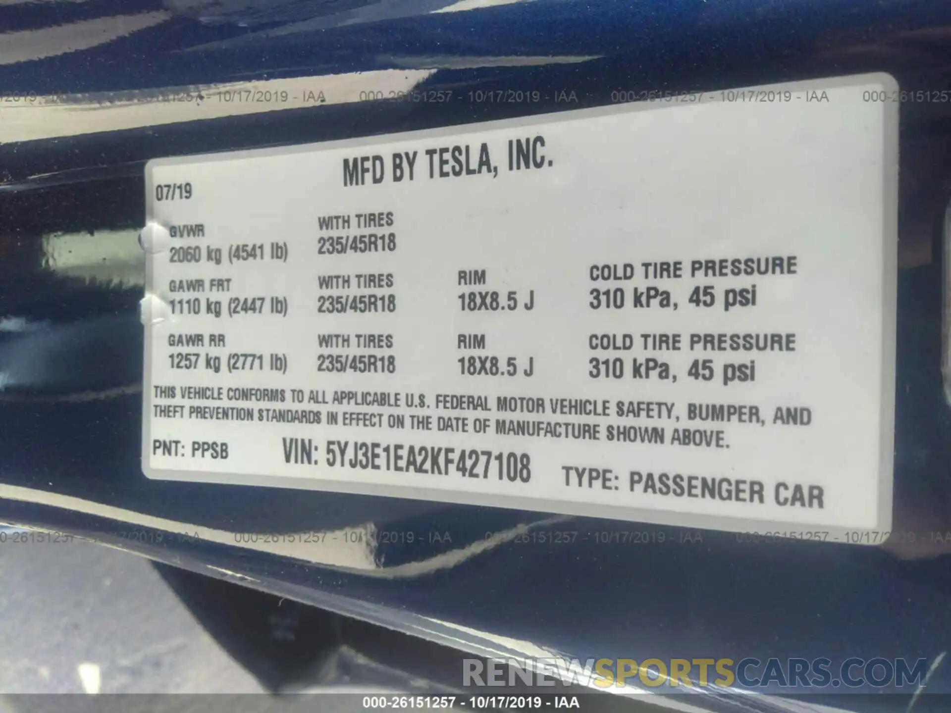 9 Photograph of a damaged car 5YJ3E1EA2KF427108 TESLA MODEL 3 2019