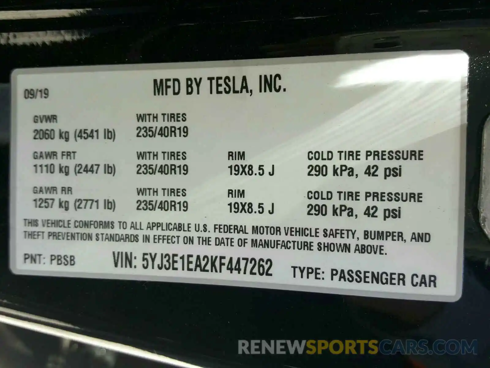 10 Photograph of a damaged car 5YJ3E1EA2KF447262 TESLA MODEL 3 2019