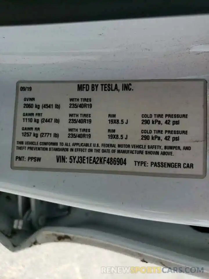 12 Фотография поврежденного автомобиля 5YJ3E1EA2KF486904 TESLA MODEL 3 2019