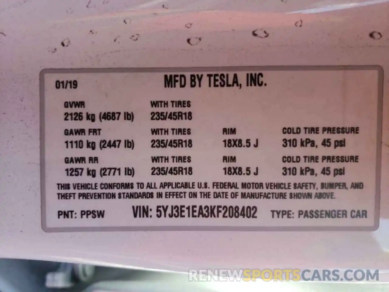 10 Photograph of a damaged car 5YJ3E1EA3KF208402 TESLA MODEL 3 2019