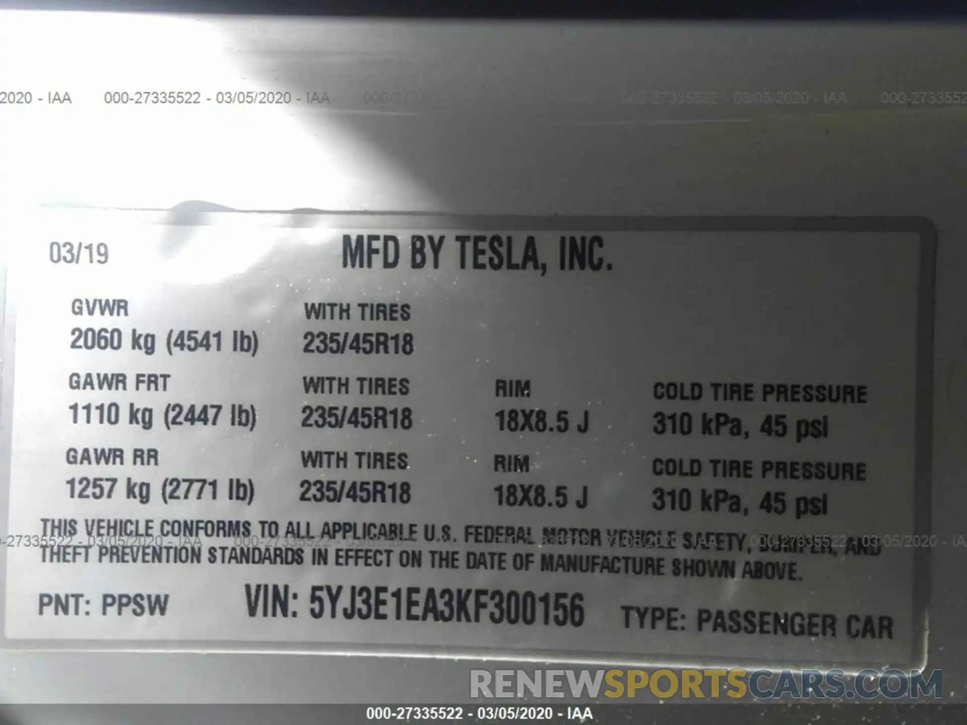 9 Photograph of a damaged car 5YJ3E1EA3KF300156 TESLA MODEL 3 2019