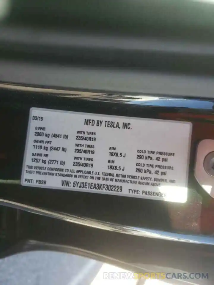 10 Photograph of a damaged car 5YJ3E1EA3KF302229 TESLA MODEL 3 2019