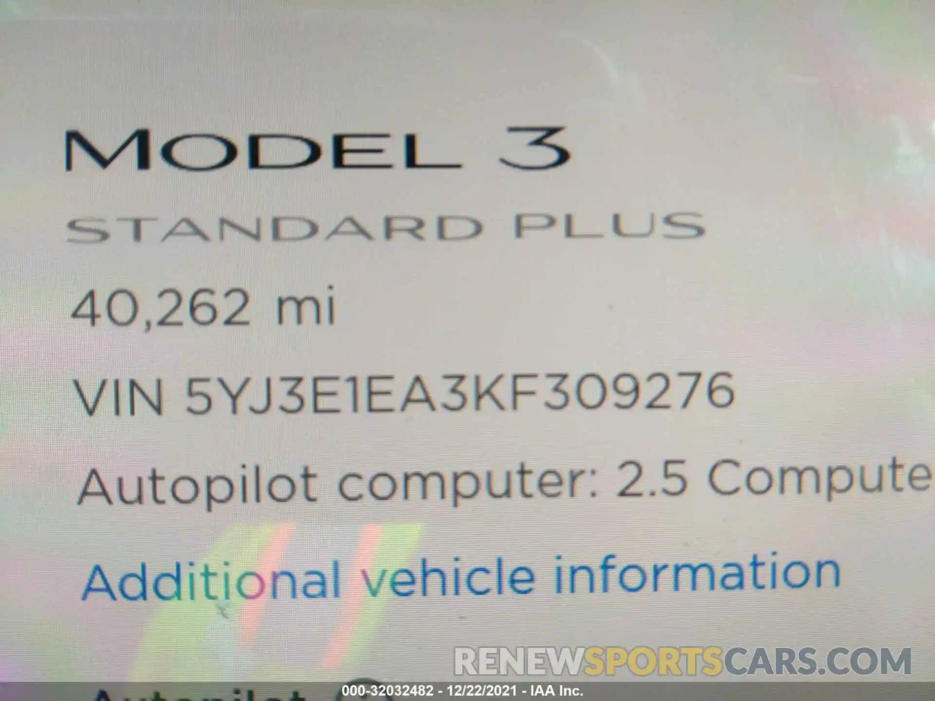 9 Photograph of a damaged car 5YJ3E1EA3KF309276 TESLA MODEL 3 2019