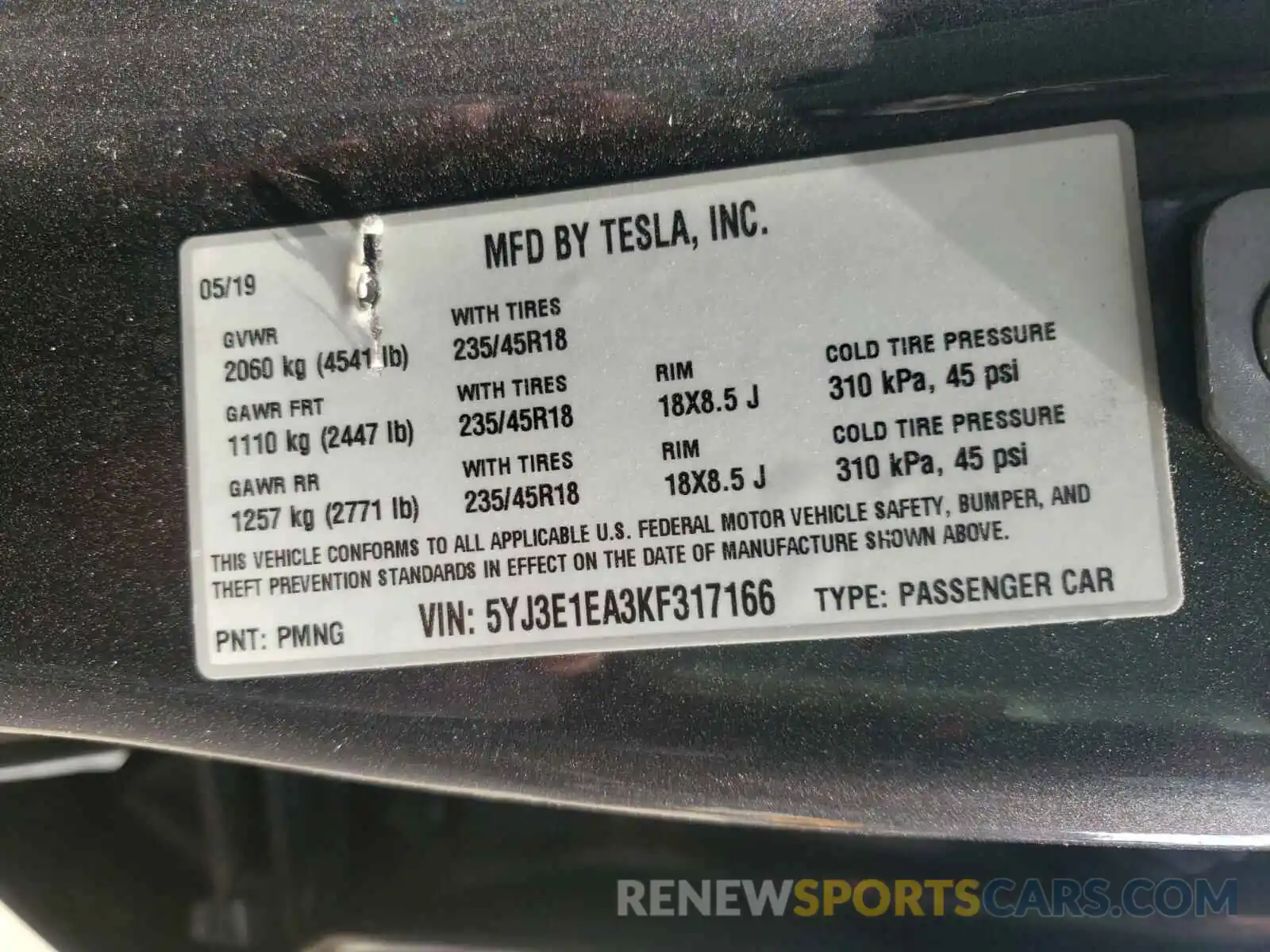 10 Photograph of a damaged car 5YJ3E1EA3KF317166 TESLA MODEL 3 2019