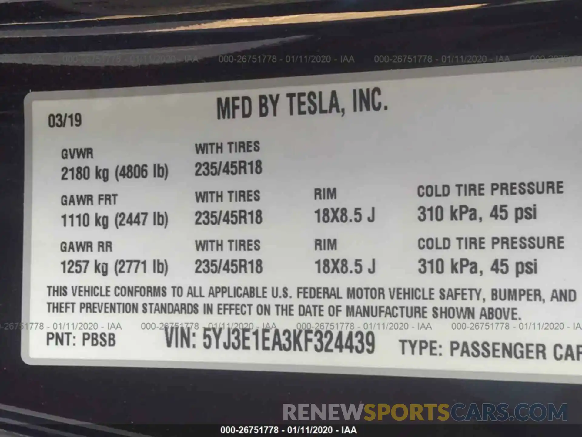 9 Фотография поврежденного автомобиля 5YJ3E1EA3KF324439 TESLA MODEL 3 2019