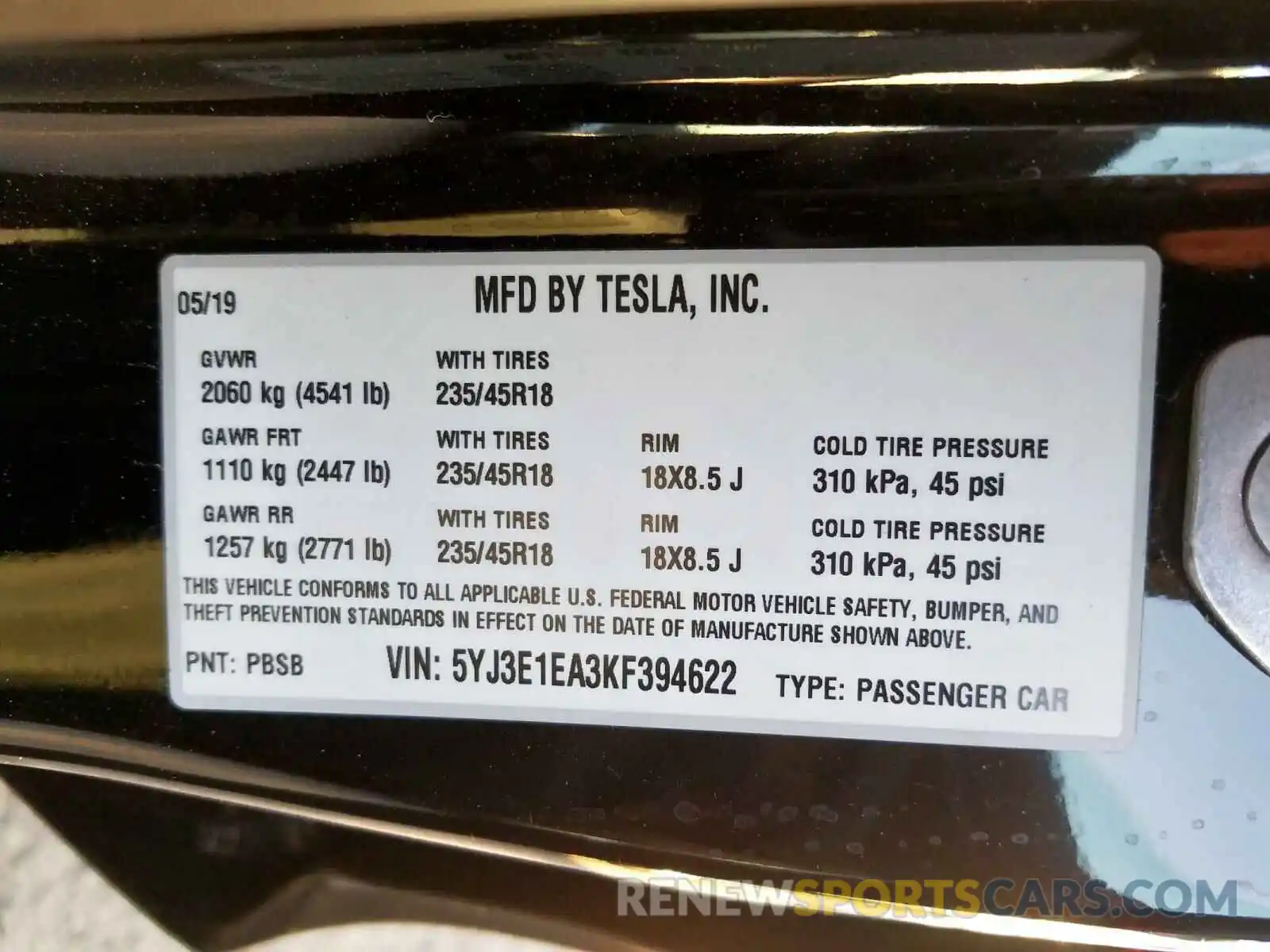 10 Photograph of a damaged car 5YJ3E1EA3KF394622 TESLA MODEL 3 2019