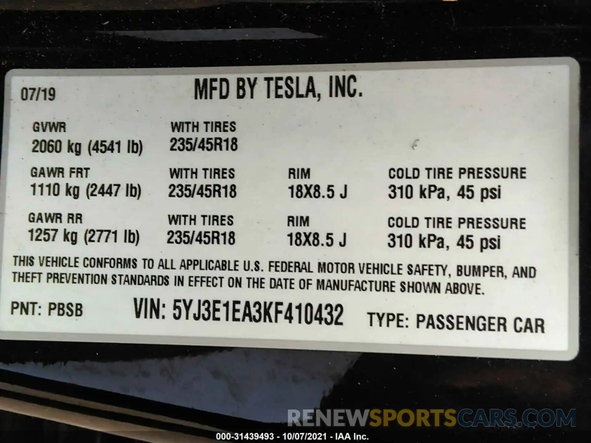 9 Фотография поврежденного автомобиля 5YJ3E1EA3KF410432 TESLA MODEL 3 2019