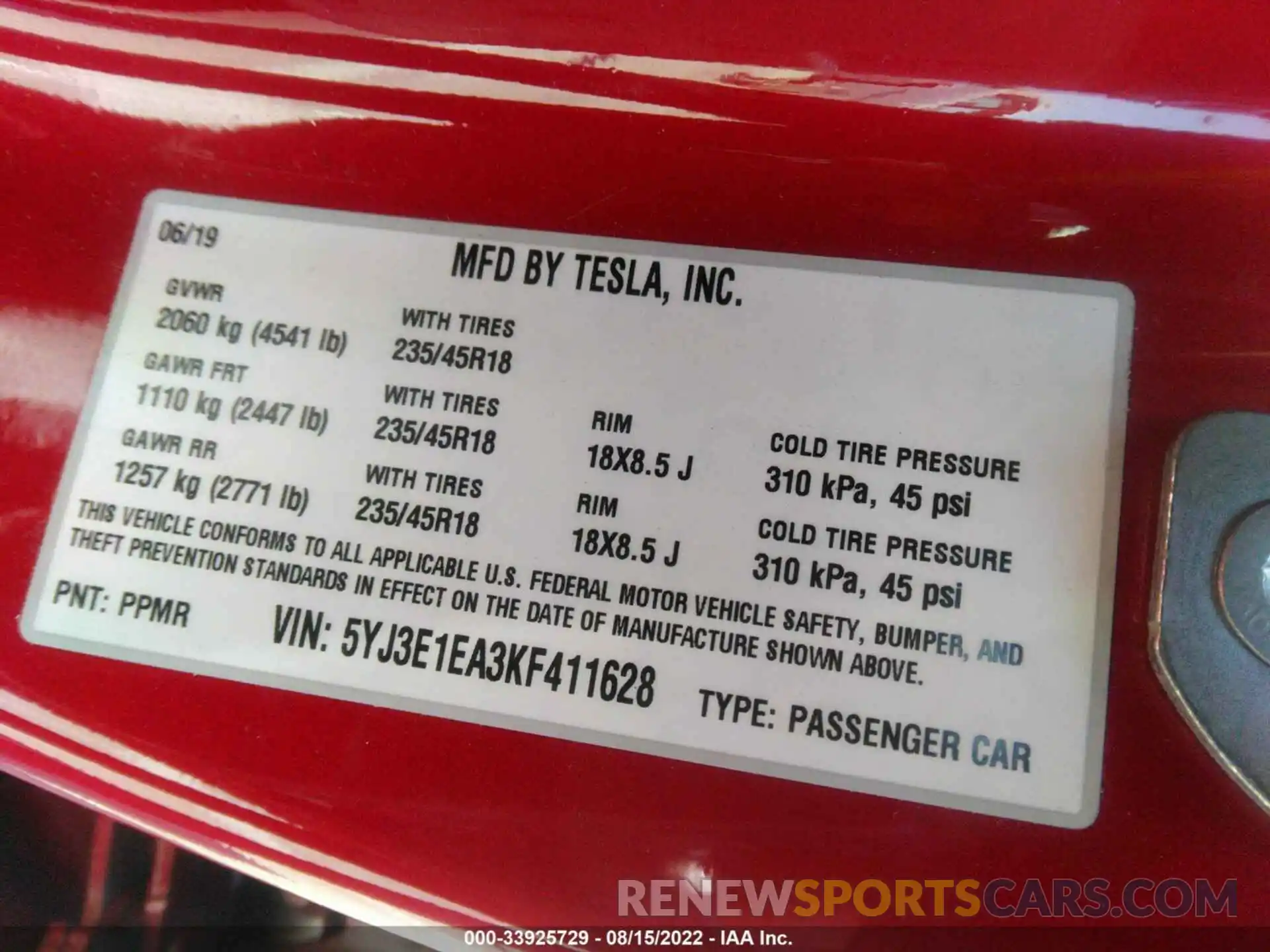 9 Photograph of a damaged car 5YJ3E1EA3KF411628 TESLA MODEL 3 2019