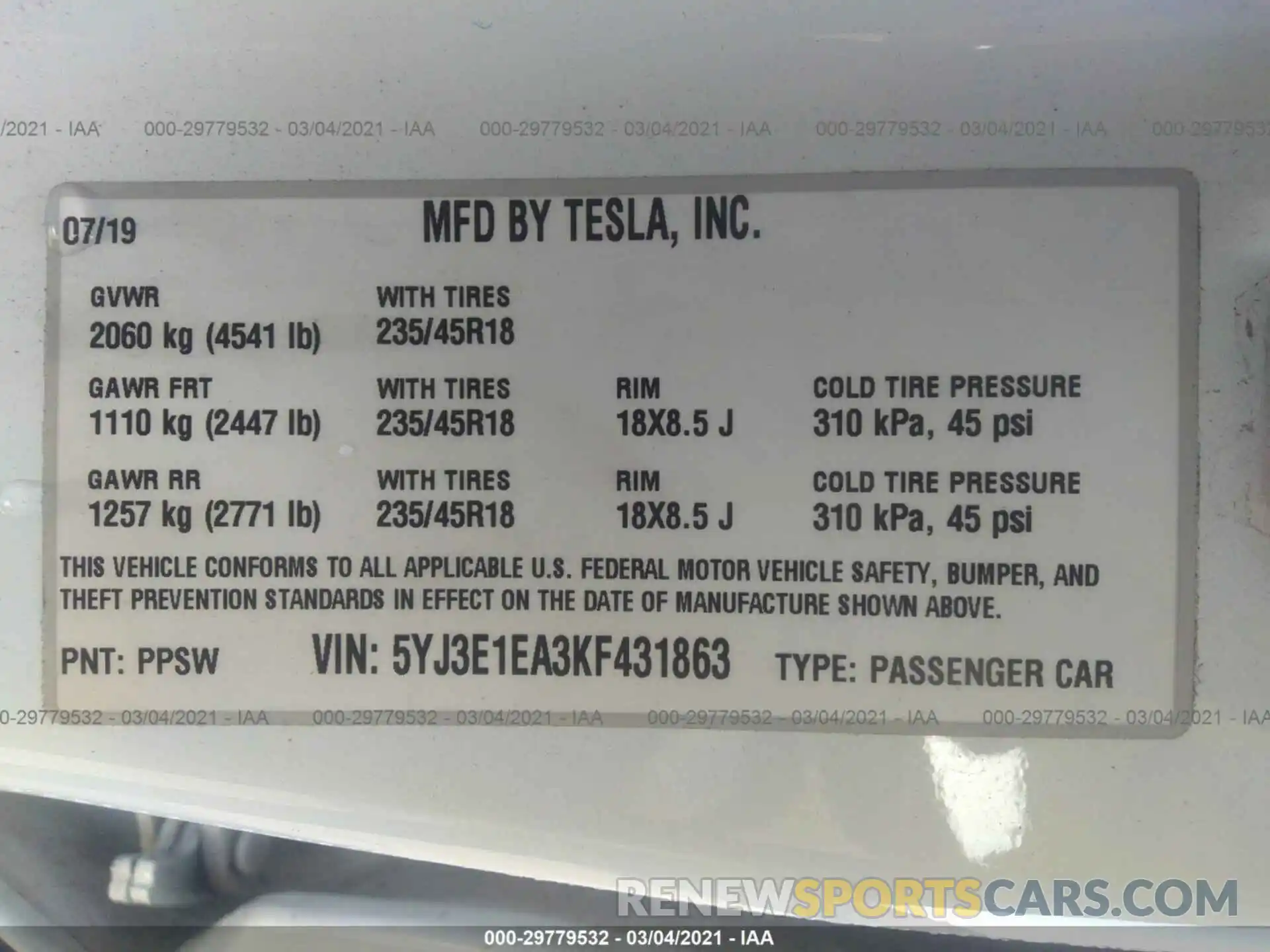 9 Фотография поврежденного автомобиля 5YJ3E1EA3KF431863 TESLA MODEL 3 2019