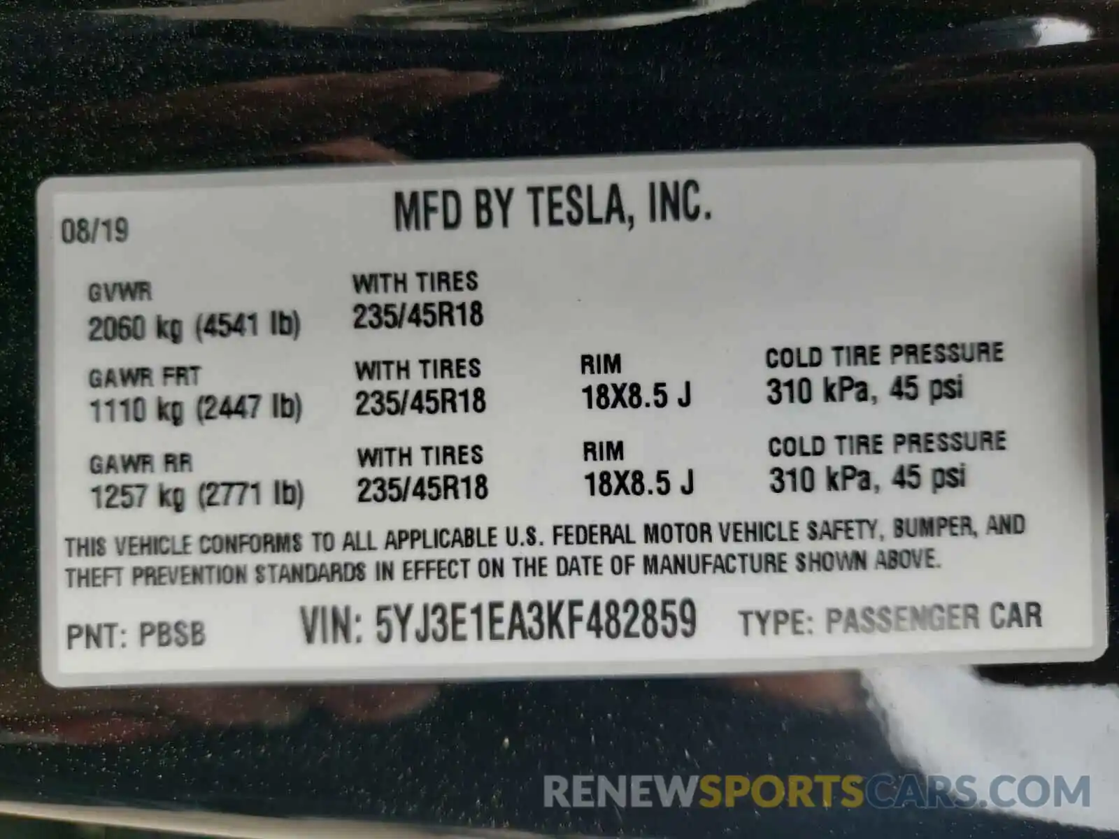 10 Photograph of a damaged car 5YJ3E1EA3KF482859 TESLA MODEL 3 2019