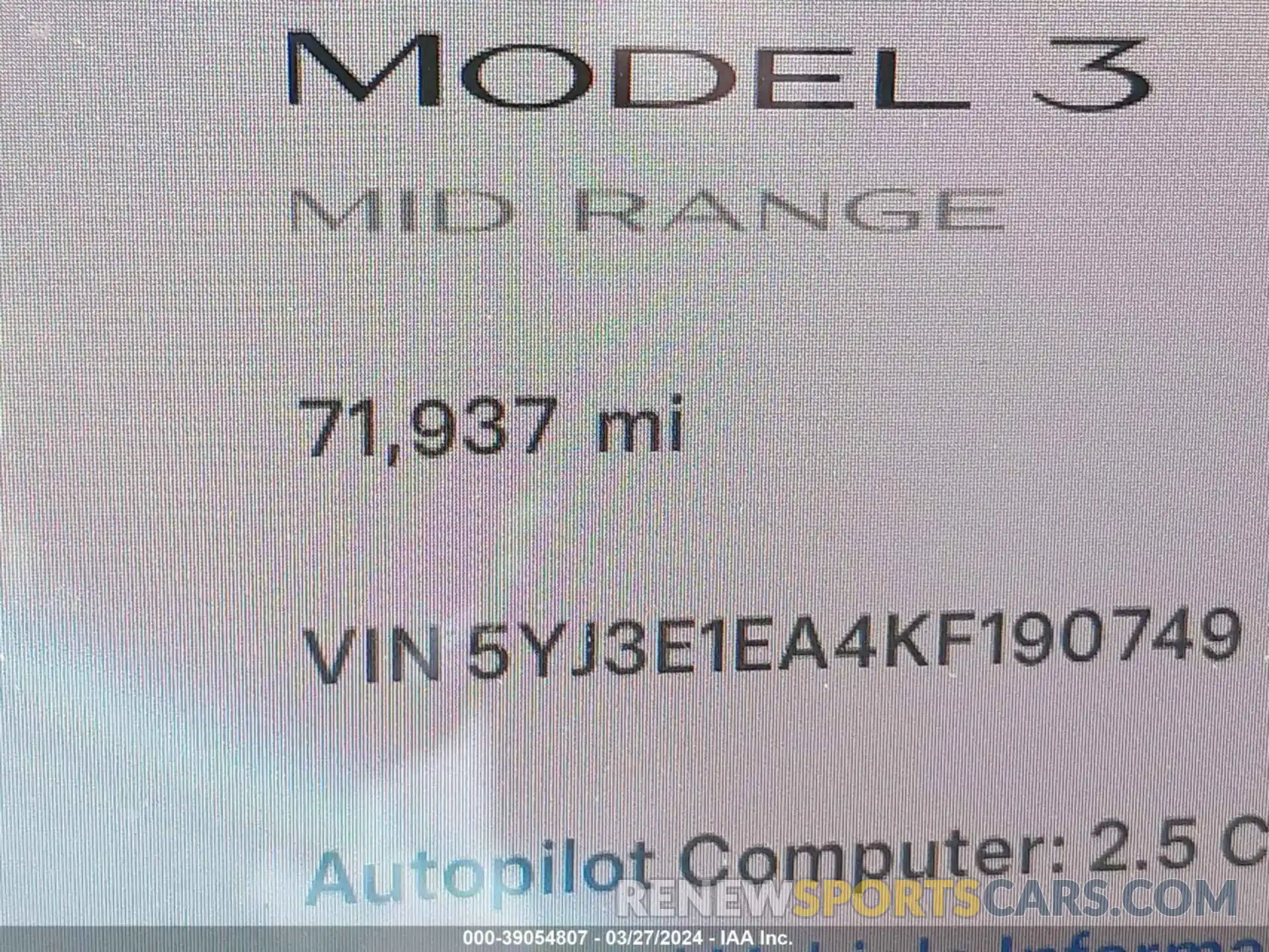 14 Фотография поврежденного автомобиля 5YJ3E1EA4KF190749 TESLA MODEL 3 2019