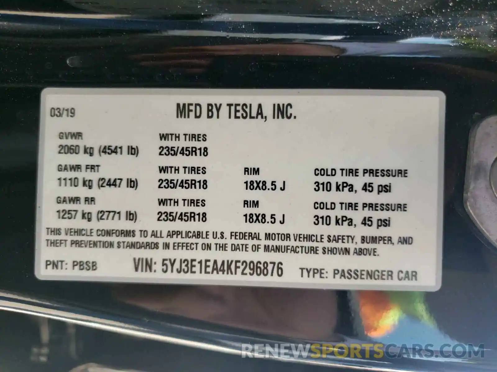 10 Photograph of a damaged car 5YJ3E1EA4KF296876 TESLA MODEL 3 2019