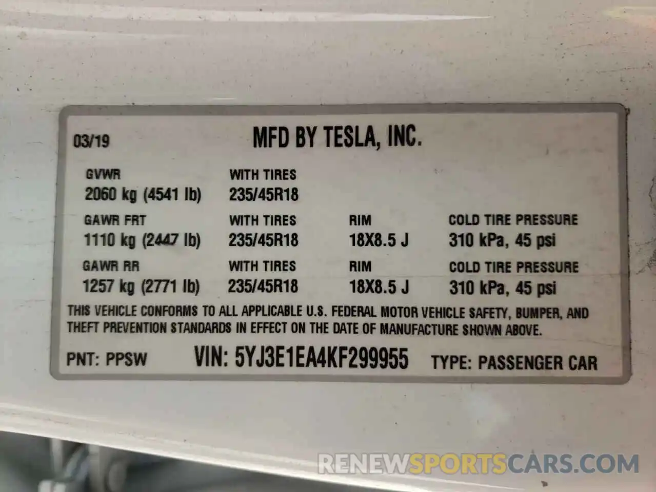 10 Photograph of a damaged car 5YJ3E1EA4KF299955 TESLA MODEL 3 2019