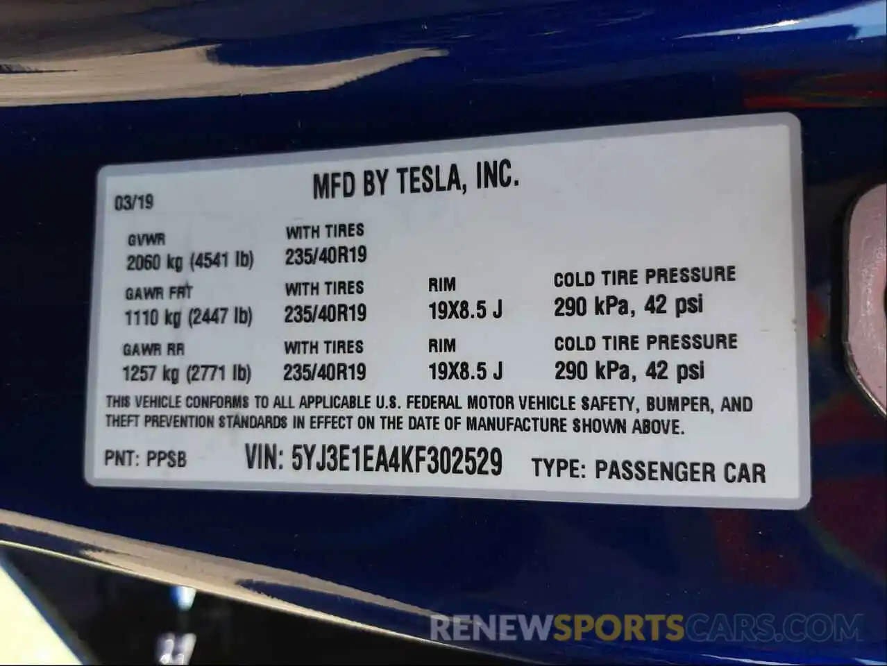 10 Фотография поврежденного автомобиля 5YJ3E1EA4KF302529 TESLA MODEL 3 2019