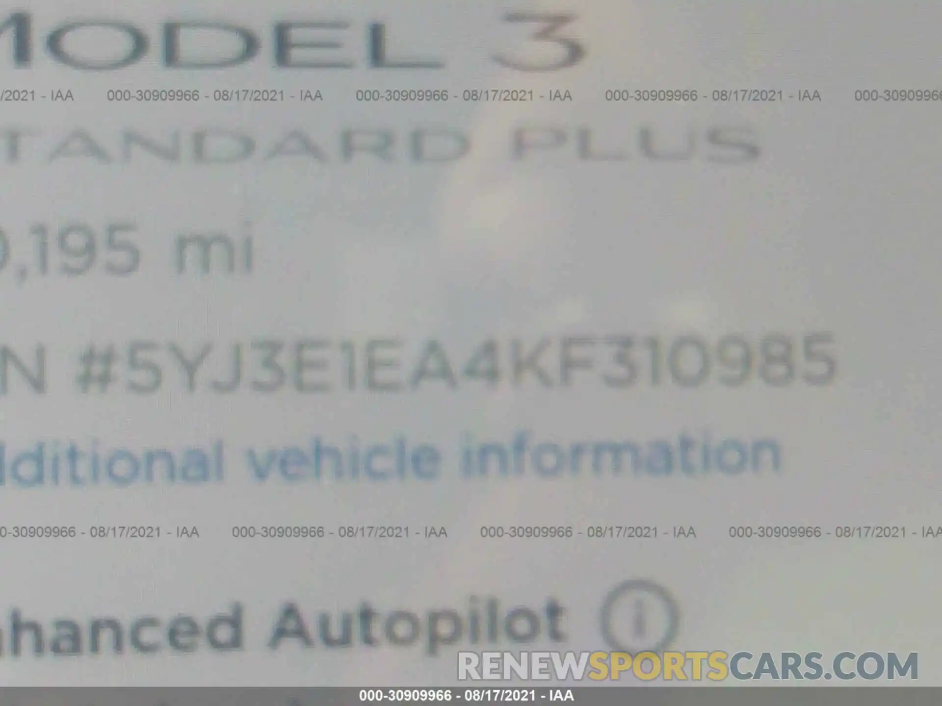 9 Photograph of a damaged car 5YJ3E1EA4KF310985 TESLA MODEL 3 2019