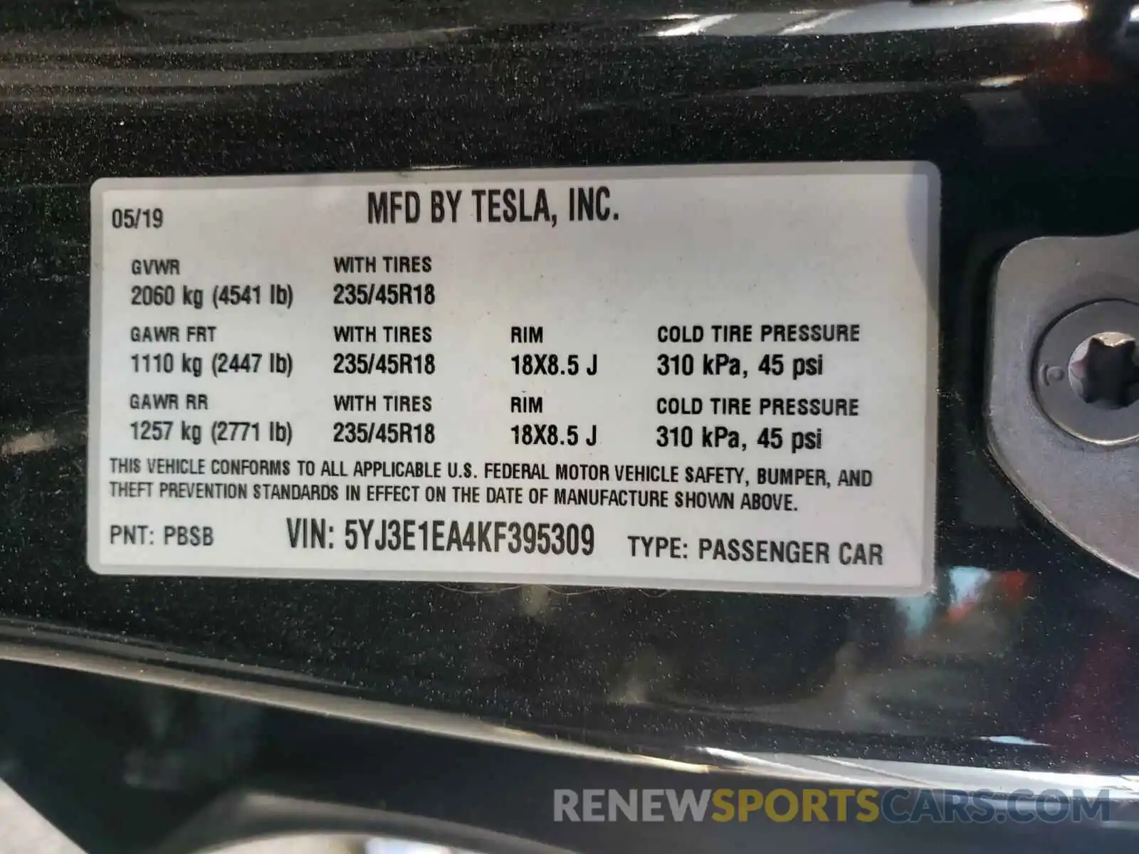 10 Photograph of a damaged car 5YJ3E1EA4KF395309 TESLA MODEL 3 2019