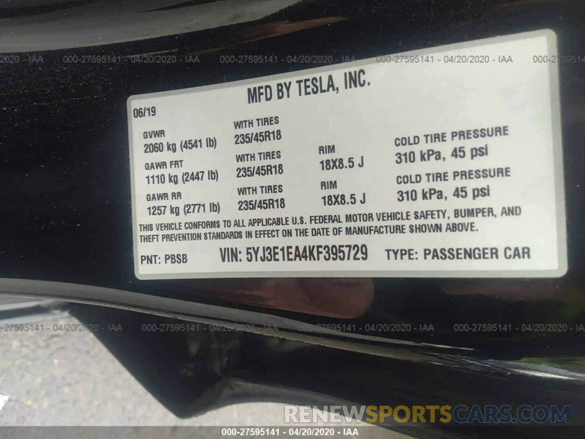 9 Фотография поврежденного автомобиля 5YJ3E1EA4KF395729 TESLA MODEL 3 2019