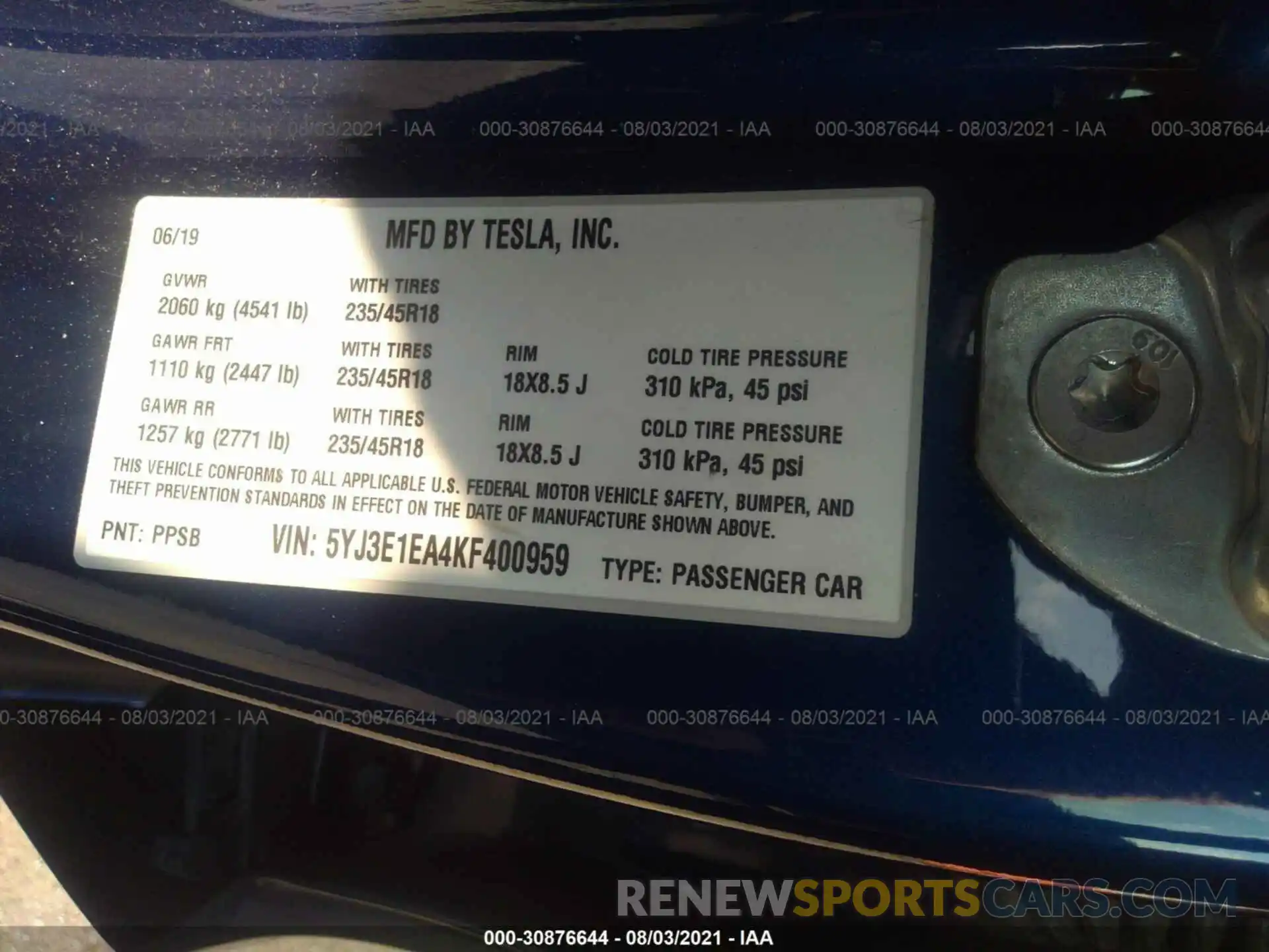 9 Photograph of a damaged car 5YJ3E1EA4KF400959 TESLA MODEL 3 2019