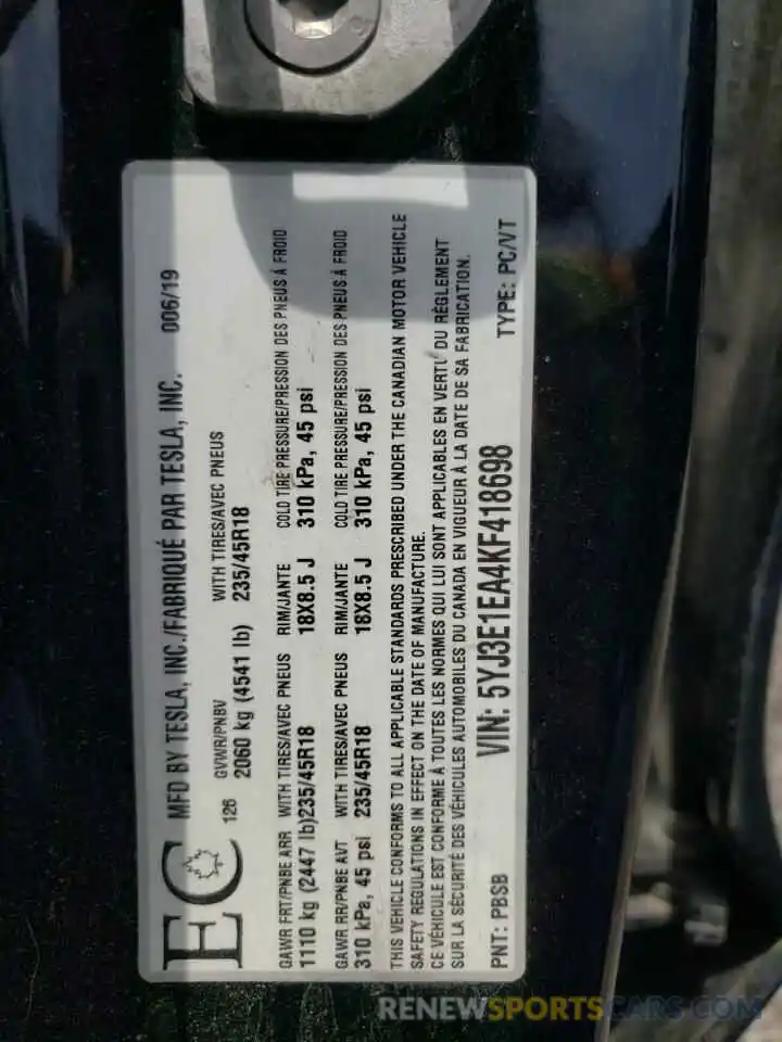 10 Photograph of a damaged car 5YJ3E1EA4KF418698 TESLA MODEL 3 2019