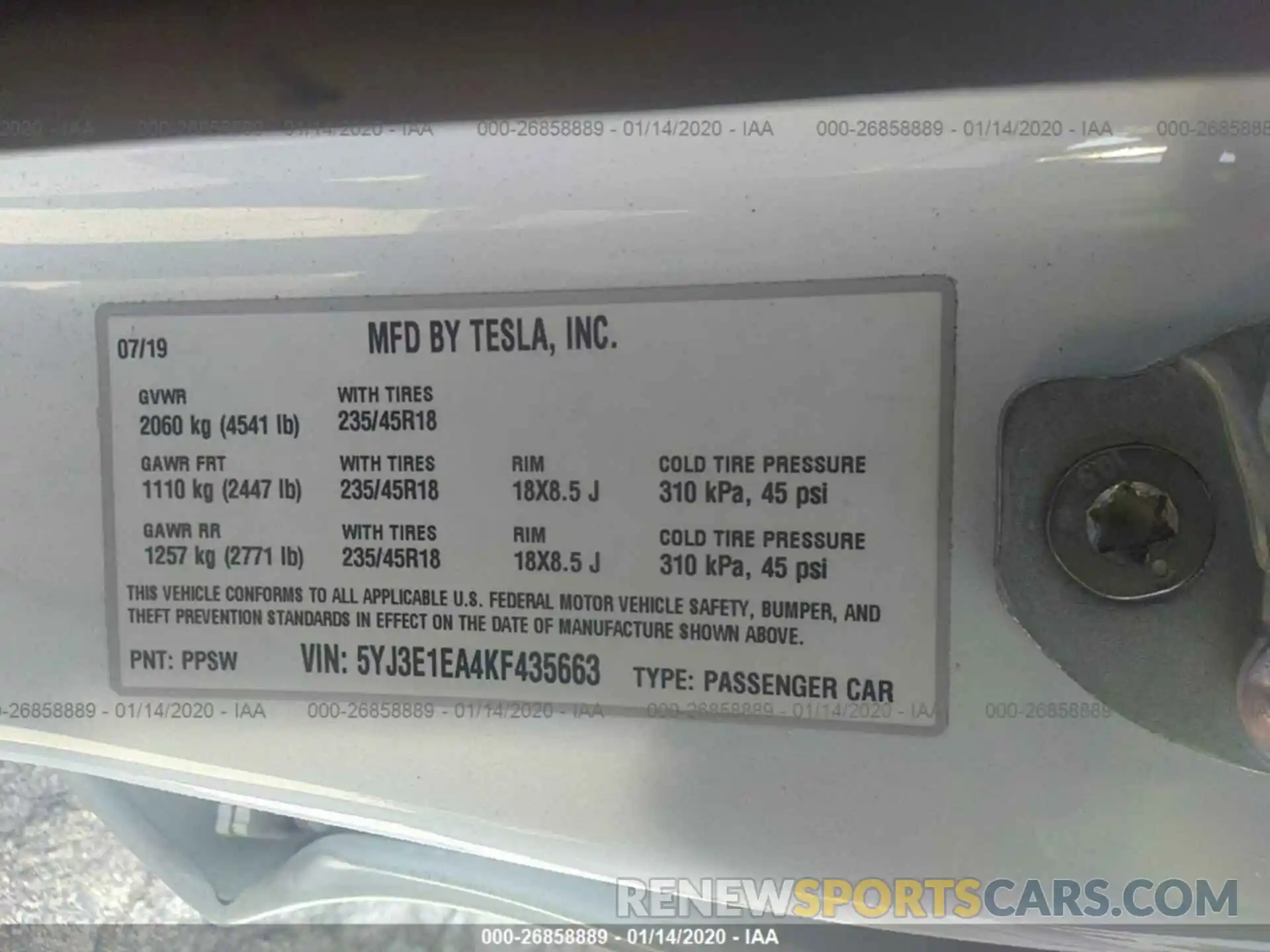 9 Photograph of a damaged car 5YJ3E1EA4KF435663 TESLA MODEL 3 2019