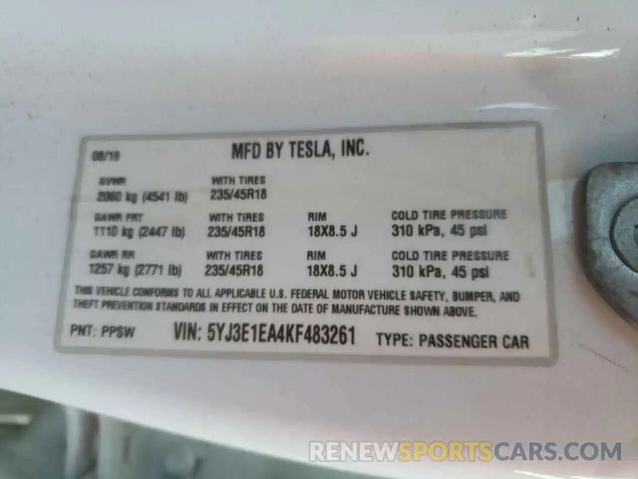 10 Photograph of a damaged car 5YJ3E1EA4KF483261 TESLA MODEL 3 2019