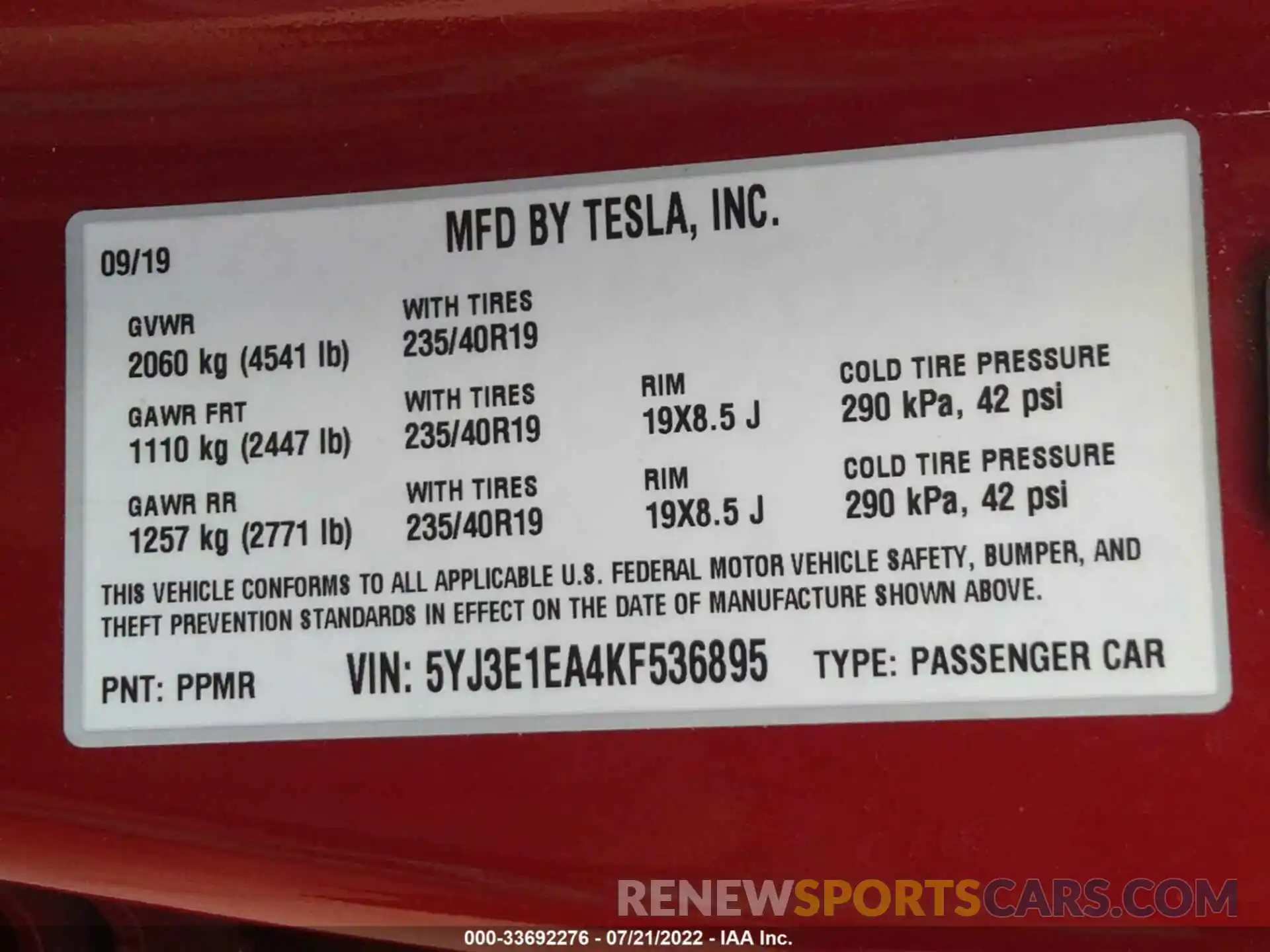 9 Фотография поврежденного автомобиля 5YJ3E1EA4KF536895 TESLA MODEL 3 2019