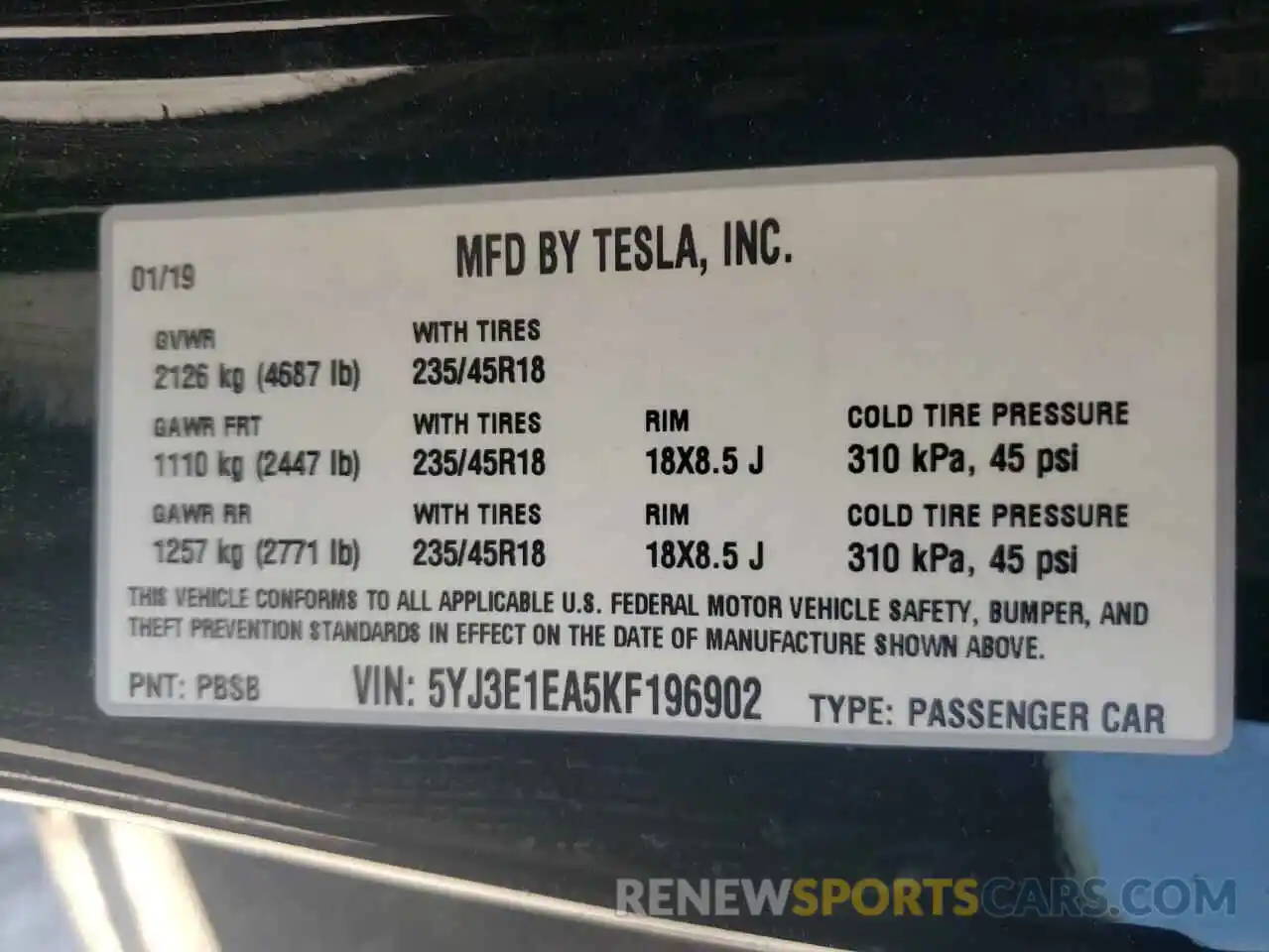 10 Photograph of a damaged car 5YJ3E1EA5KF196902 TESLA MODEL 3 2019