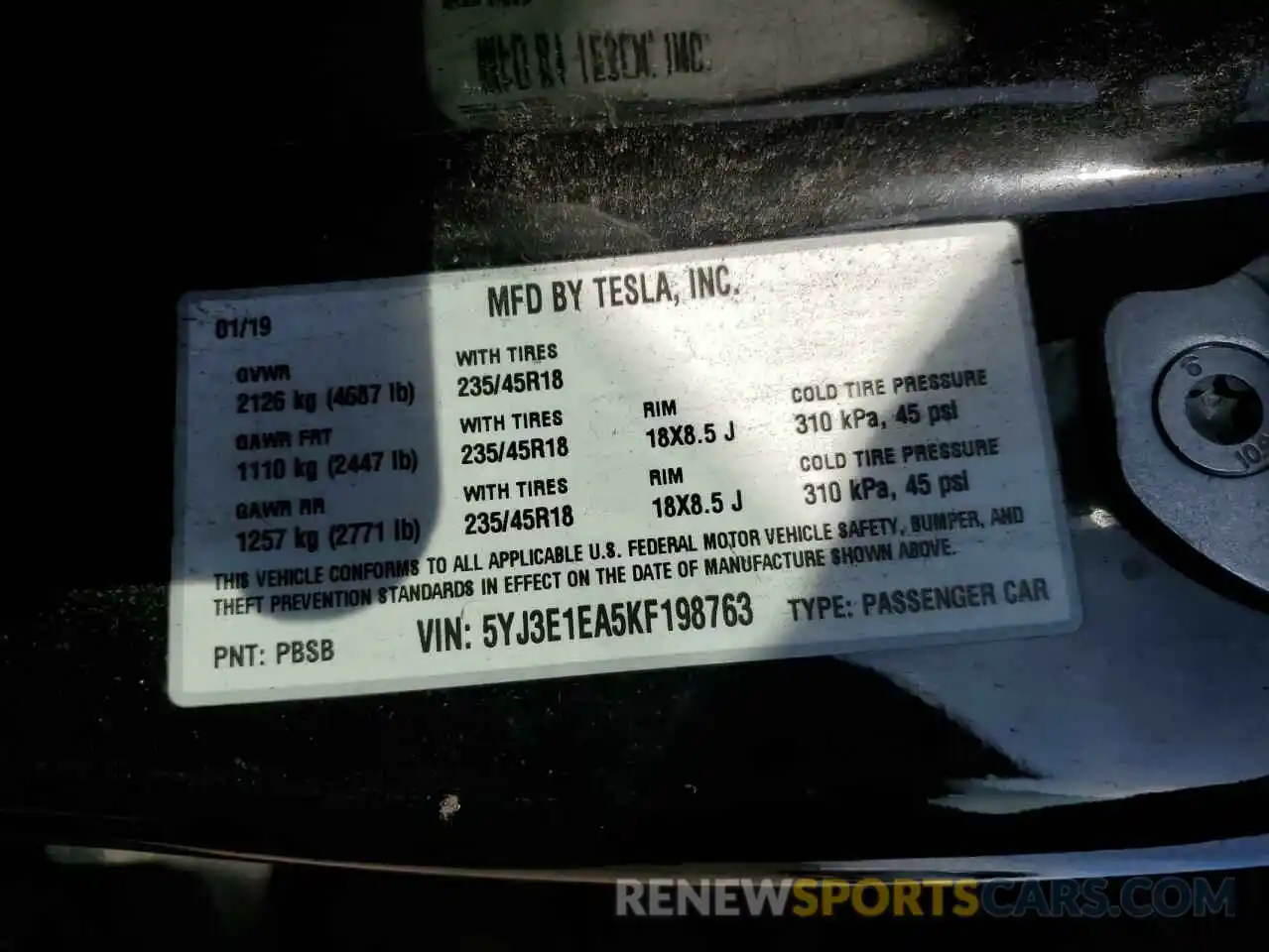 12 Photograph of a damaged car 5YJ3E1EA5KF198763 TESLA MODEL 3 2019