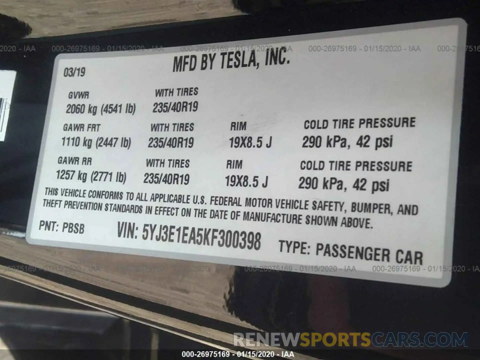 9 Photograph of a damaged car 5YJ3E1EA5KF300398 TESLA MODEL 3 2019