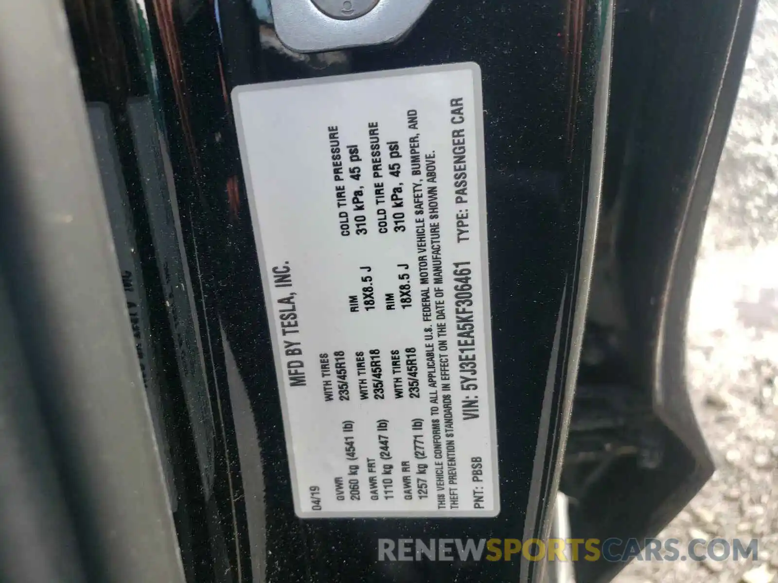 10 Photograph of a damaged car 5YJ3E1EA5KF306461 TESLA MODEL 3 2019