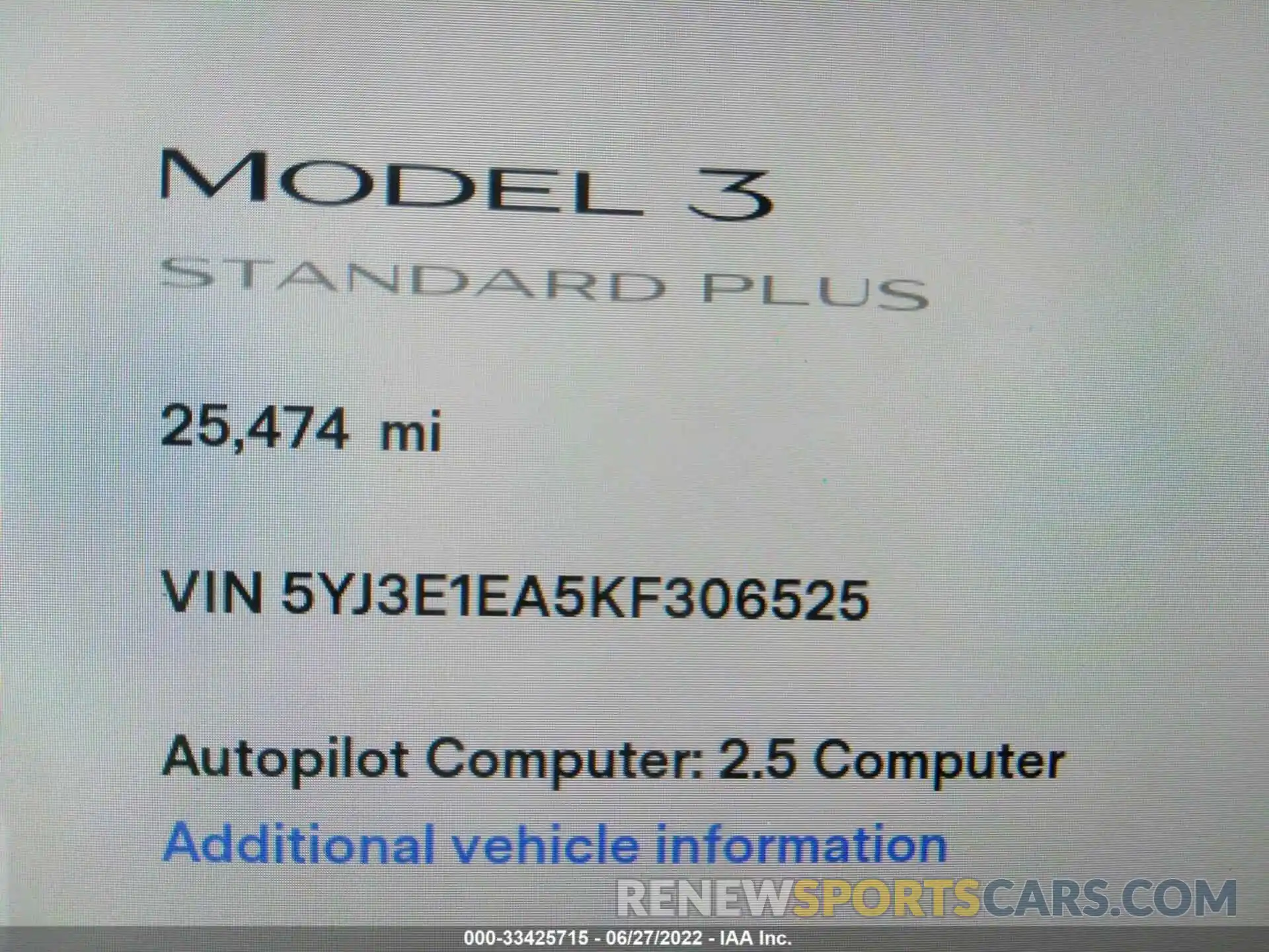 7 Photograph of a damaged car 5YJ3E1EA5KF306525 TESLA MODEL 3 2019