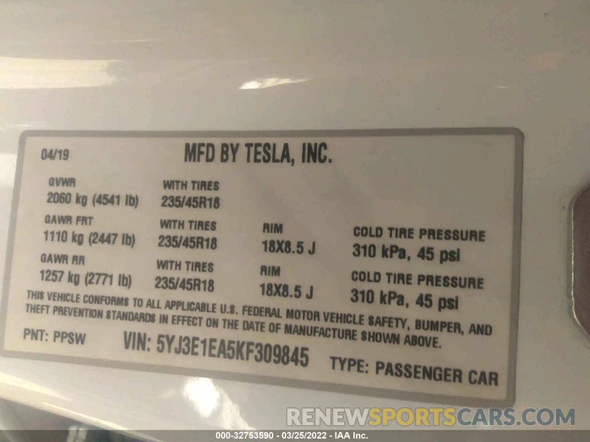 9 Фотография поврежденного автомобиля 5YJ3E1EA5KF309845 TESLA MODEL 3 2019