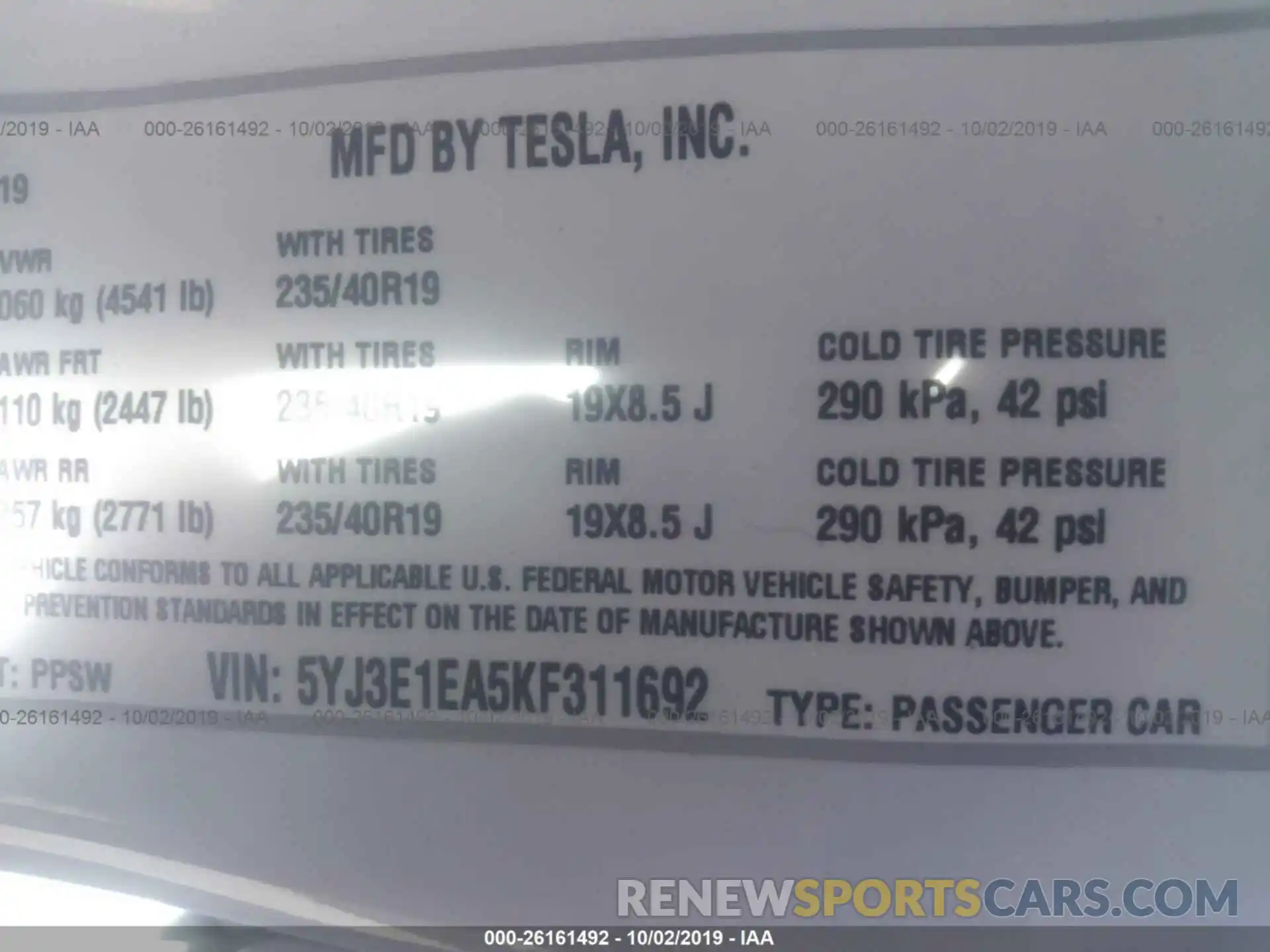 9 Photograph of a damaged car 5YJ3E1EA5KF311692 TESLA MODEL 3 2019