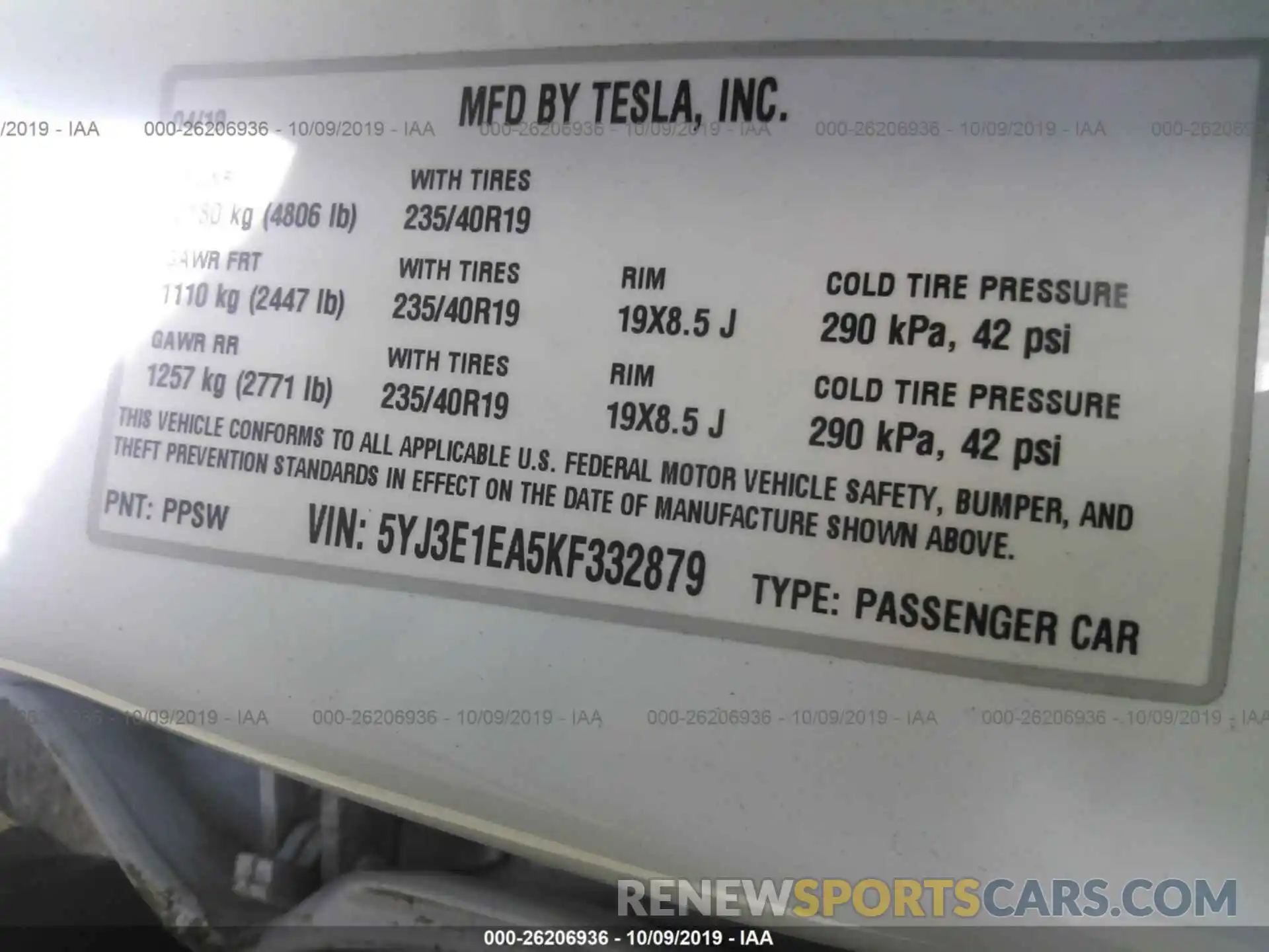 9 Фотография поврежденного автомобиля 5YJ3E1EA5KF332879 TESLA MODEL 3 2019