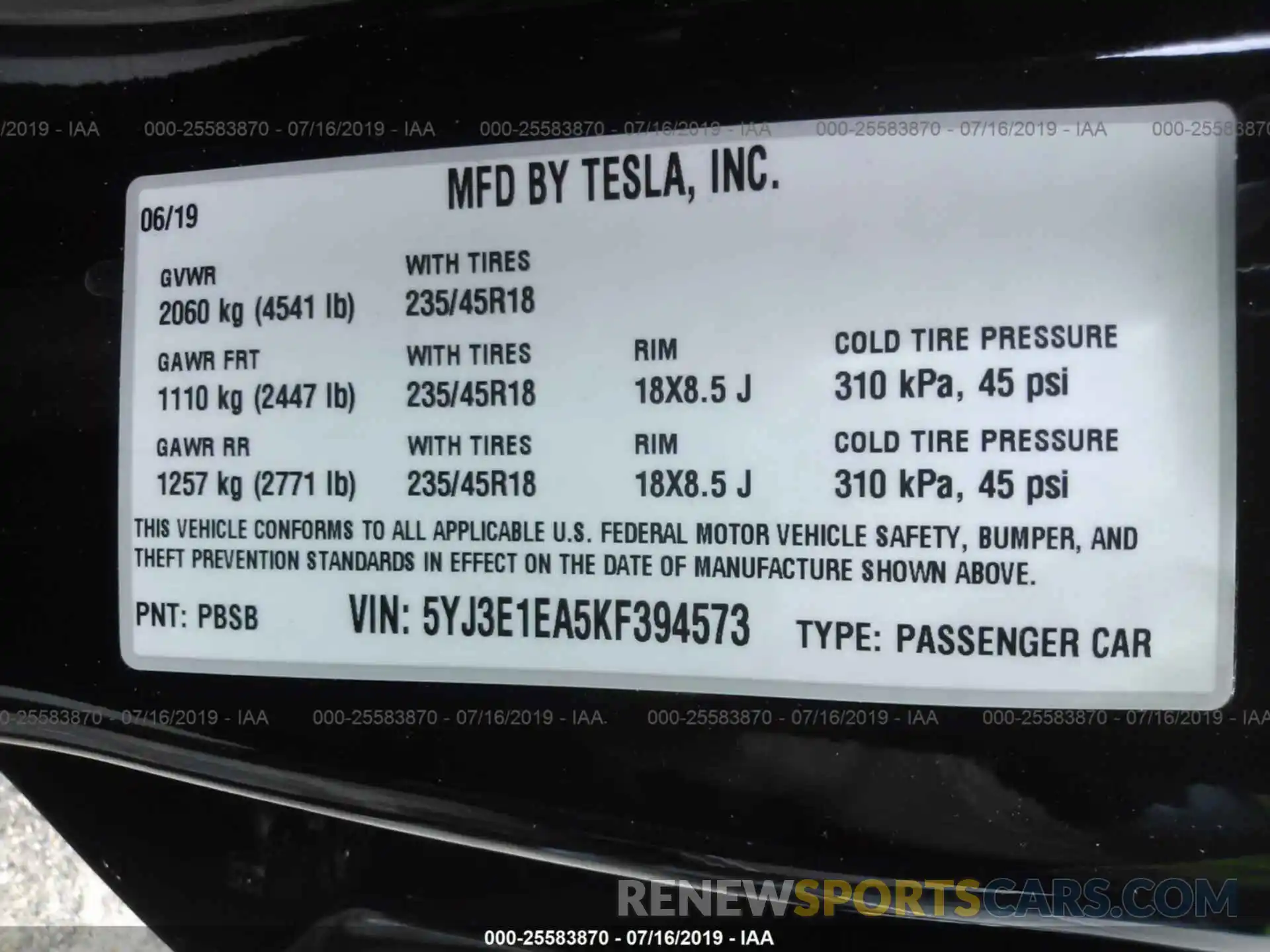 9 Фотография поврежденного автомобиля 5YJ3E1EA5KF394573 TESLA MODEL 3 2019