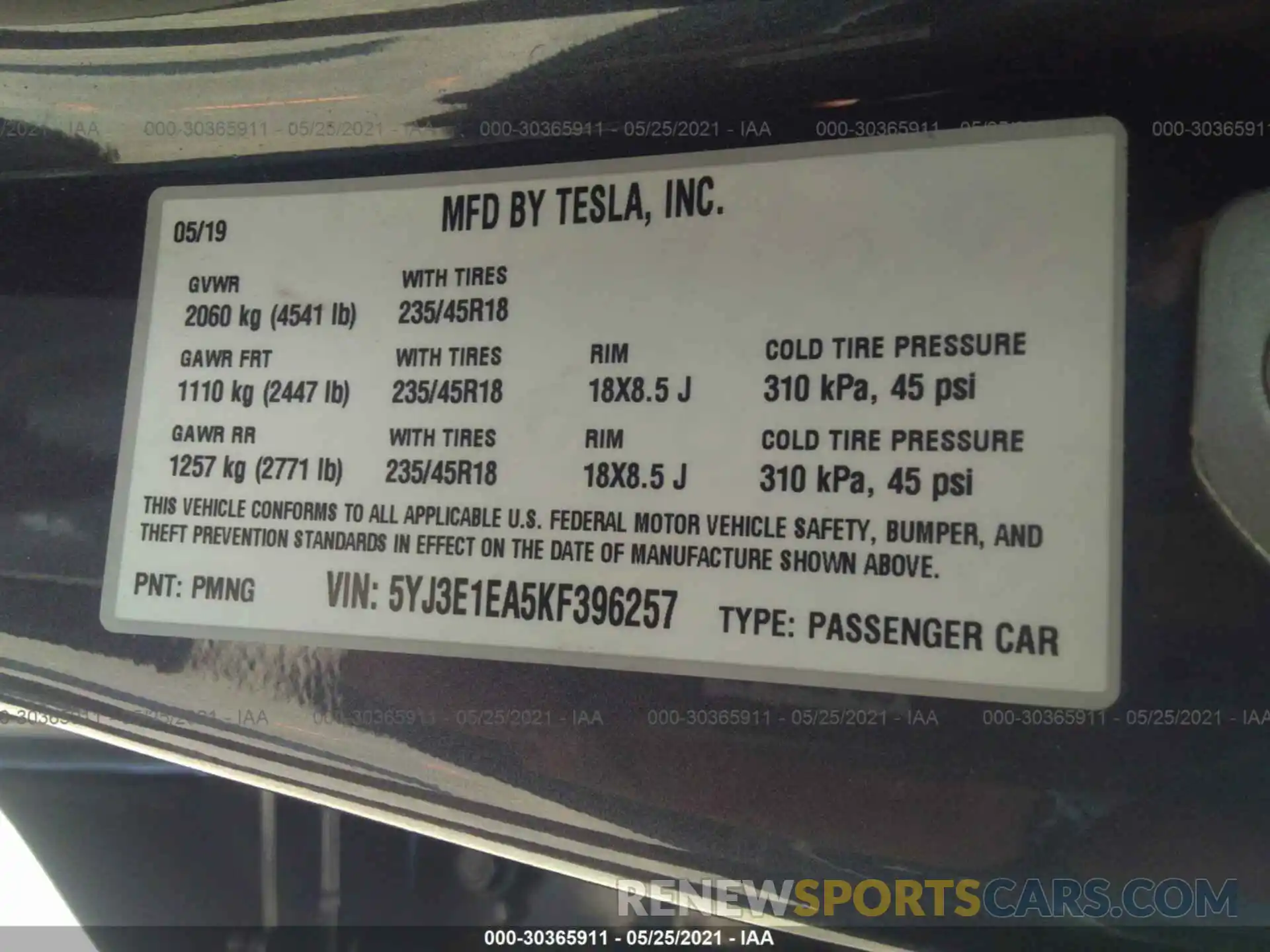 9 Photograph of a damaged car 5YJ3E1EA5KF396257 TESLA MODEL 3 2019