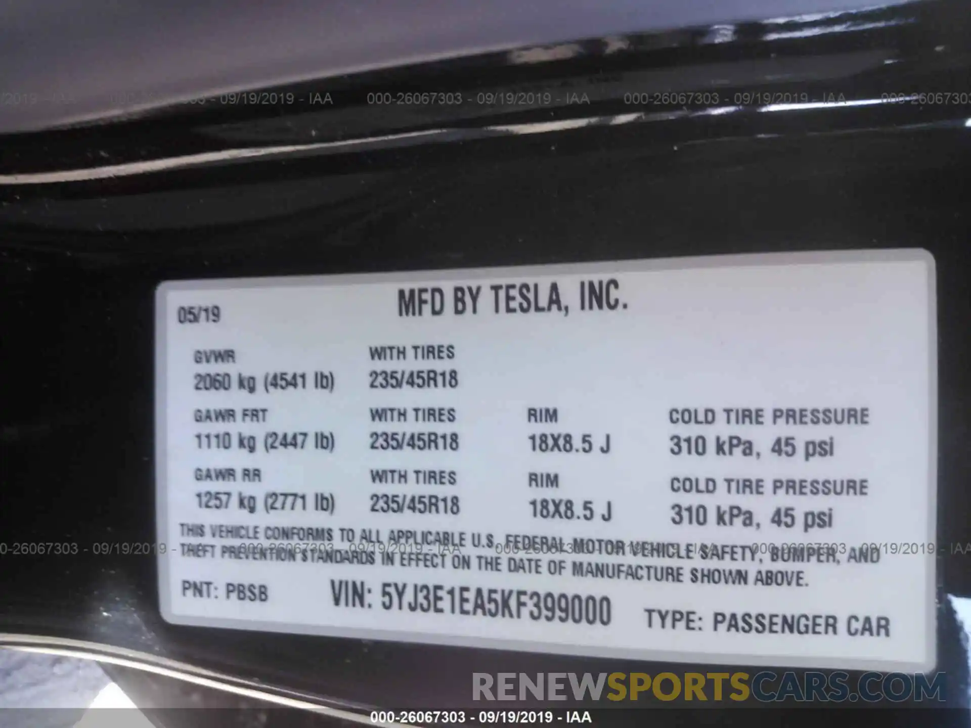 9 Photograph of a damaged car 5YJ3E1EA5KF399000 TESLA MODEL 3 2019