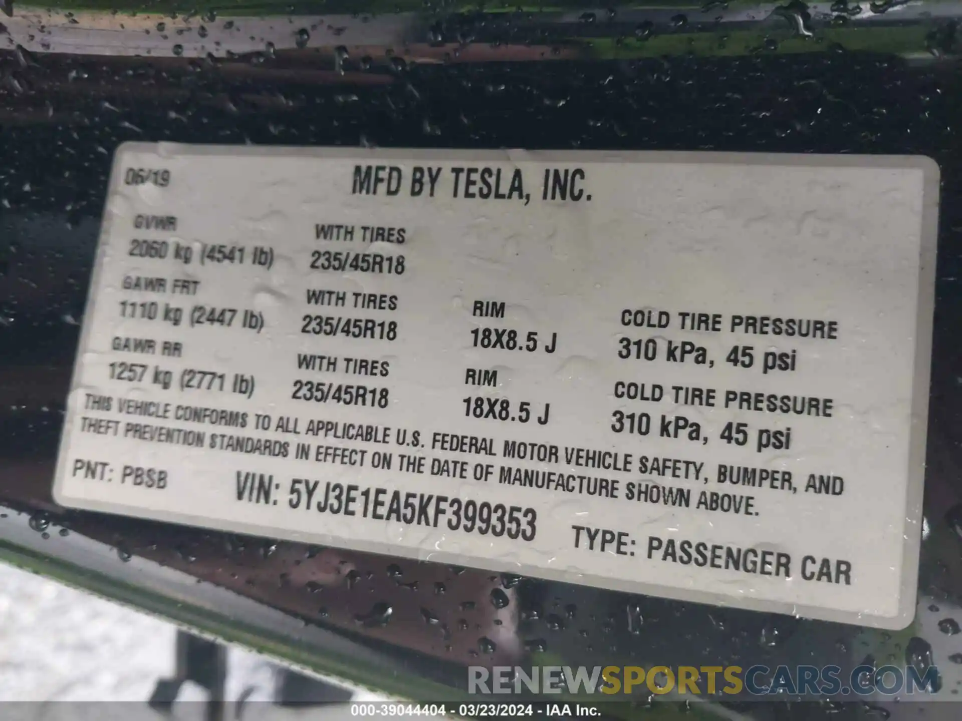 9 Photograph of a damaged car 5YJ3E1EA5KF399353 TESLA MODEL 3 2019