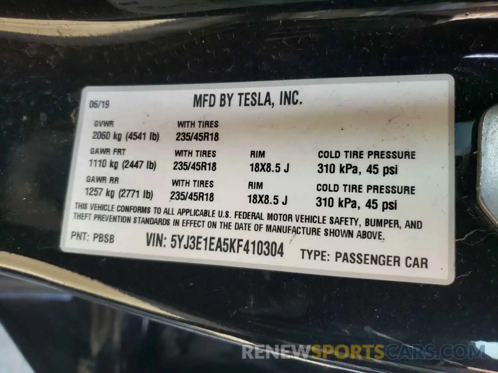 10 Photograph of a damaged car 5YJ3E1EA5KF410304 TESLA MODEL 3 2019