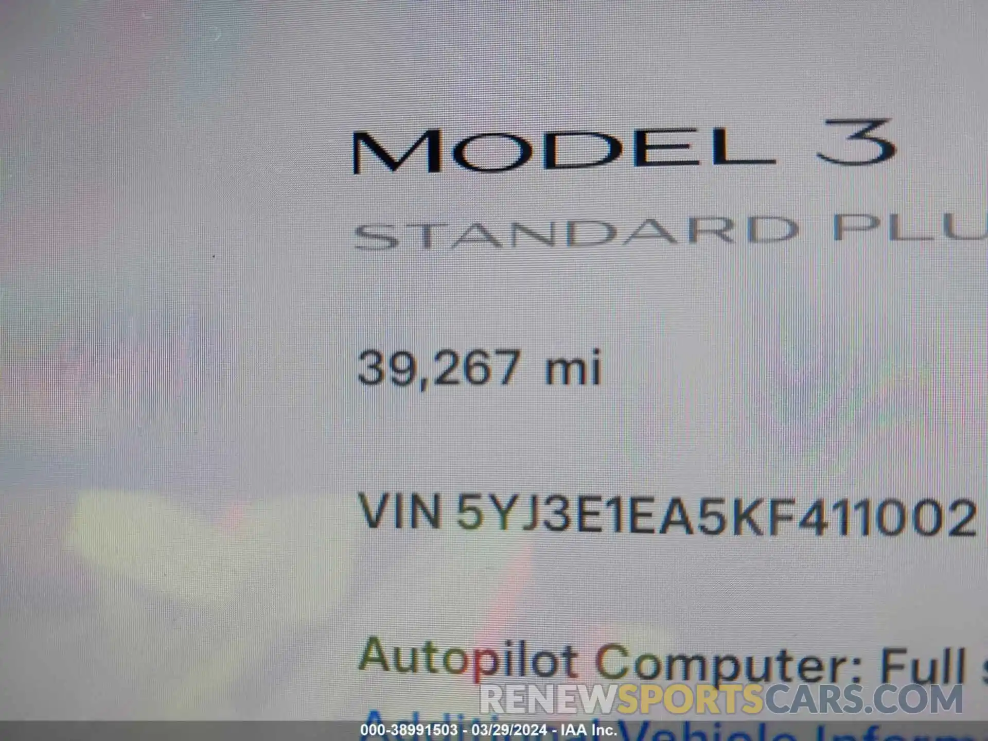 15 Photograph of a damaged car 5YJ3E1EA5KF411002 TESLA MODEL 3 2019