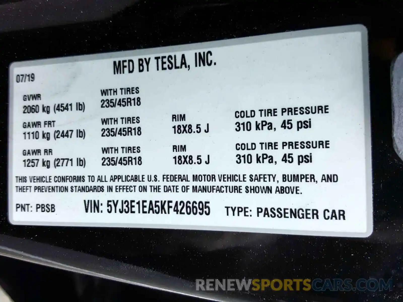 10 Фотография поврежденного автомобиля 5YJ3E1EA5KF426695 TESLA MODEL 3 2019