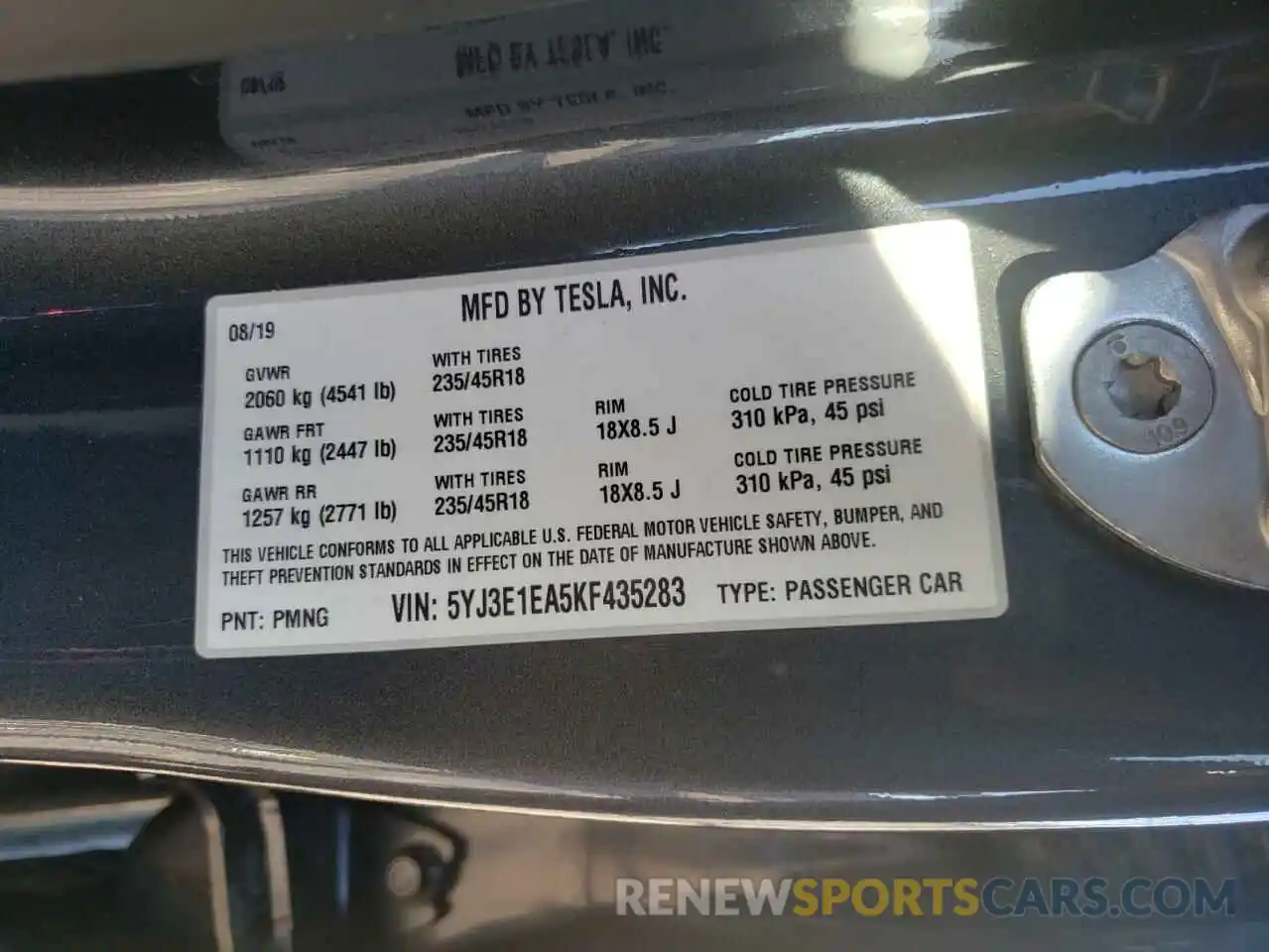 10 Photograph of a damaged car 5YJ3E1EA5KF435283 TESLA MODEL 3 2019