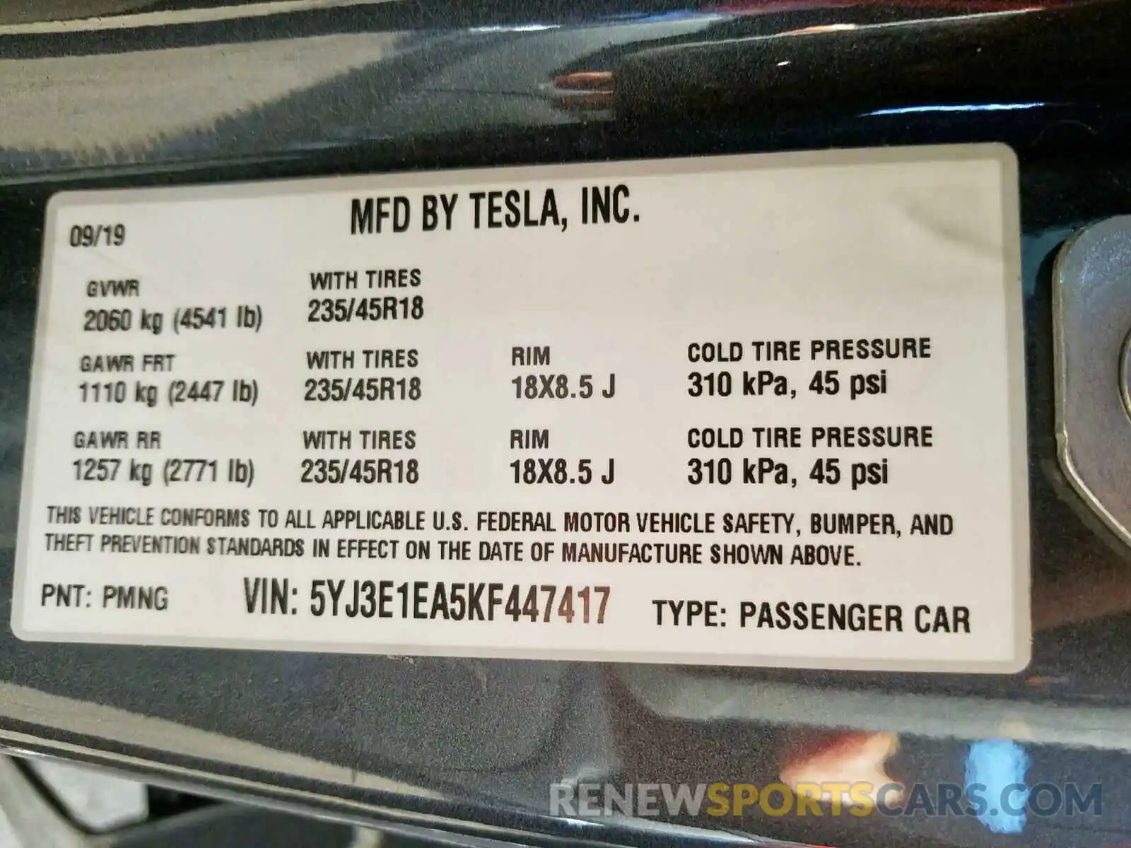 10 Photograph of a damaged car 5YJ3E1EA5KF447417 TESLA MODEL 3 2019