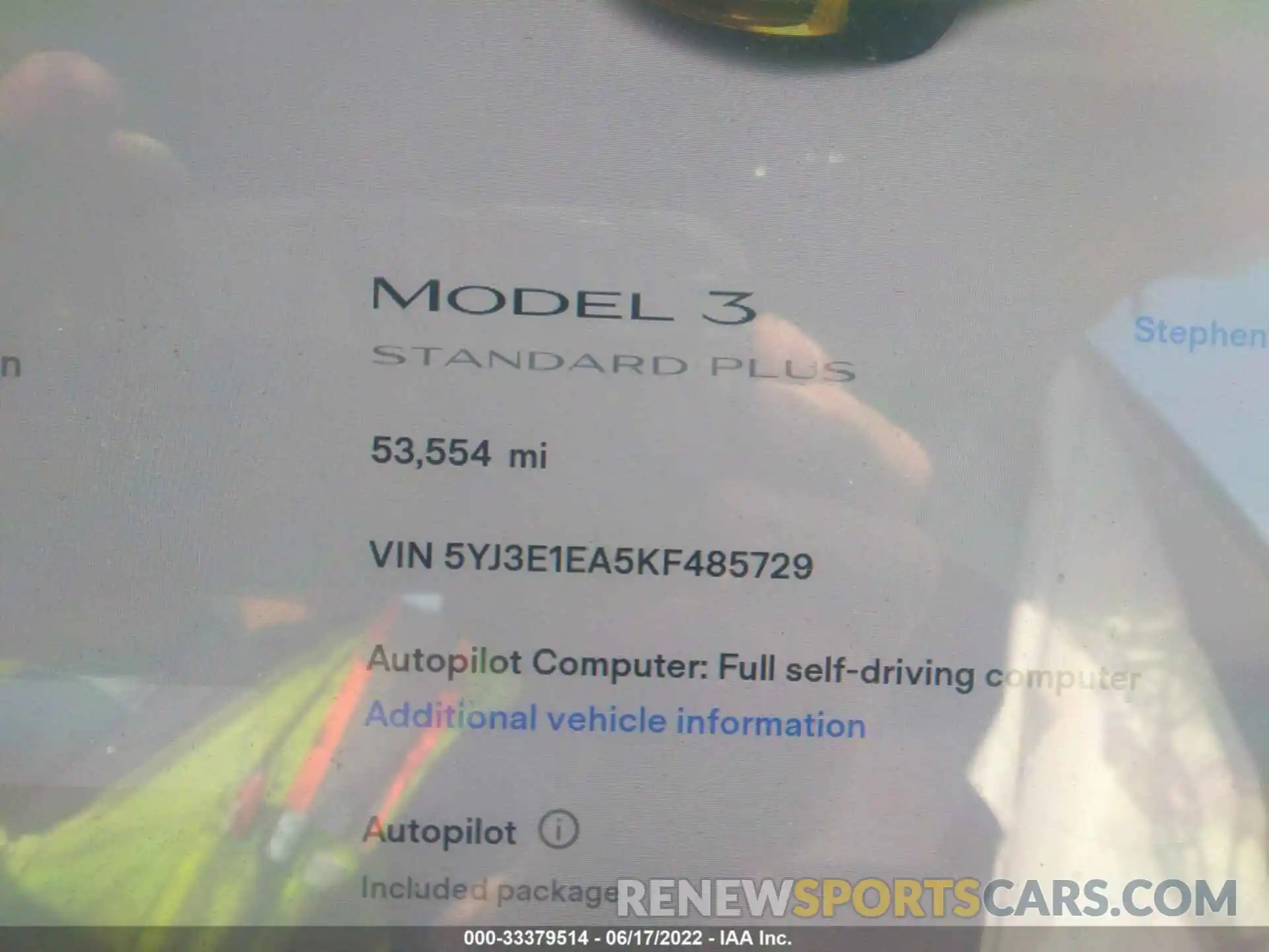 7 Photograph of a damaged car 5YJ3E1EA5KF485729 TESLA MODEL 3 2019